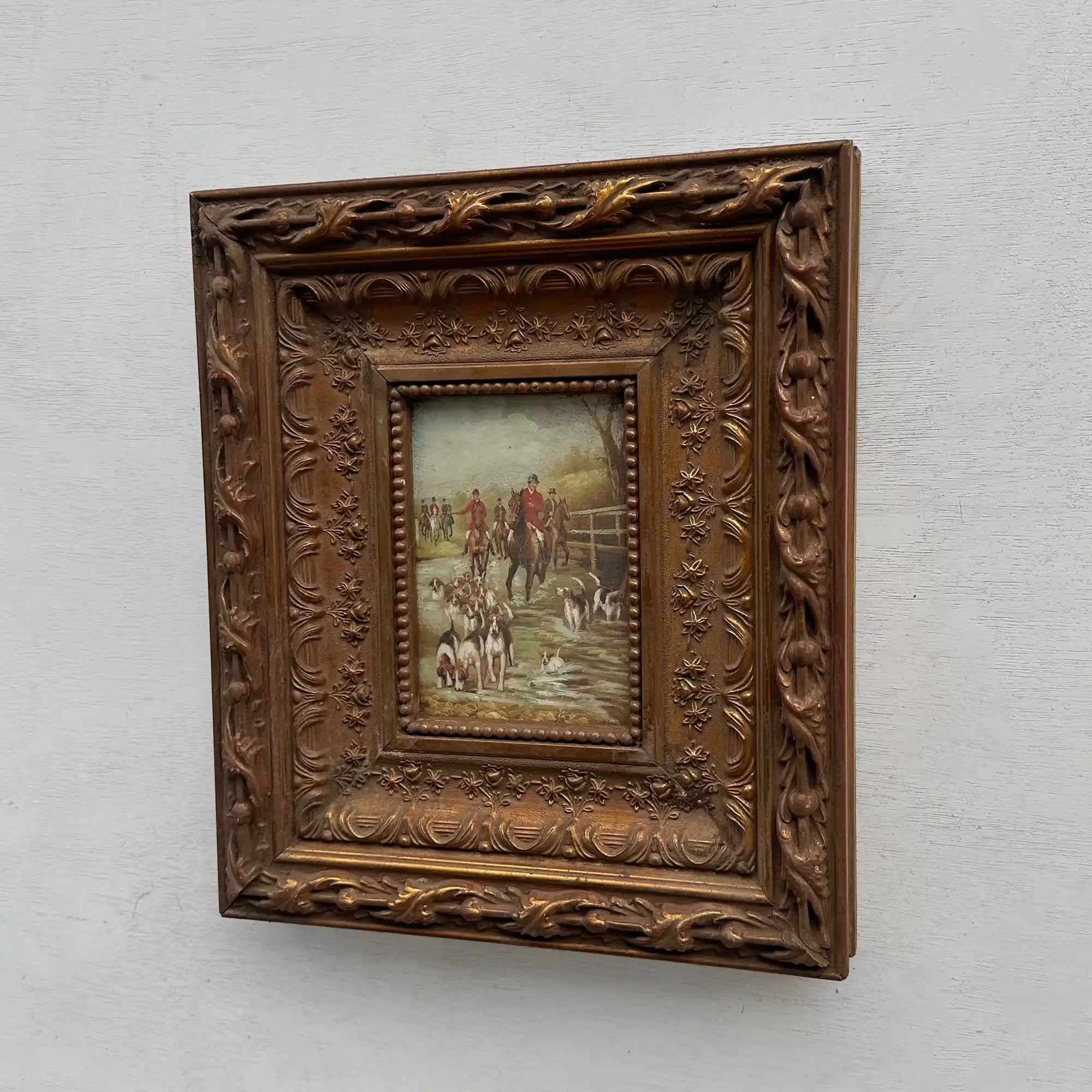 Vintage Hunting Painting, European Horse and Hounds Art for Rustic Lodge Decor 32x37cm - Vintage Oil Painting - Arden Gallery