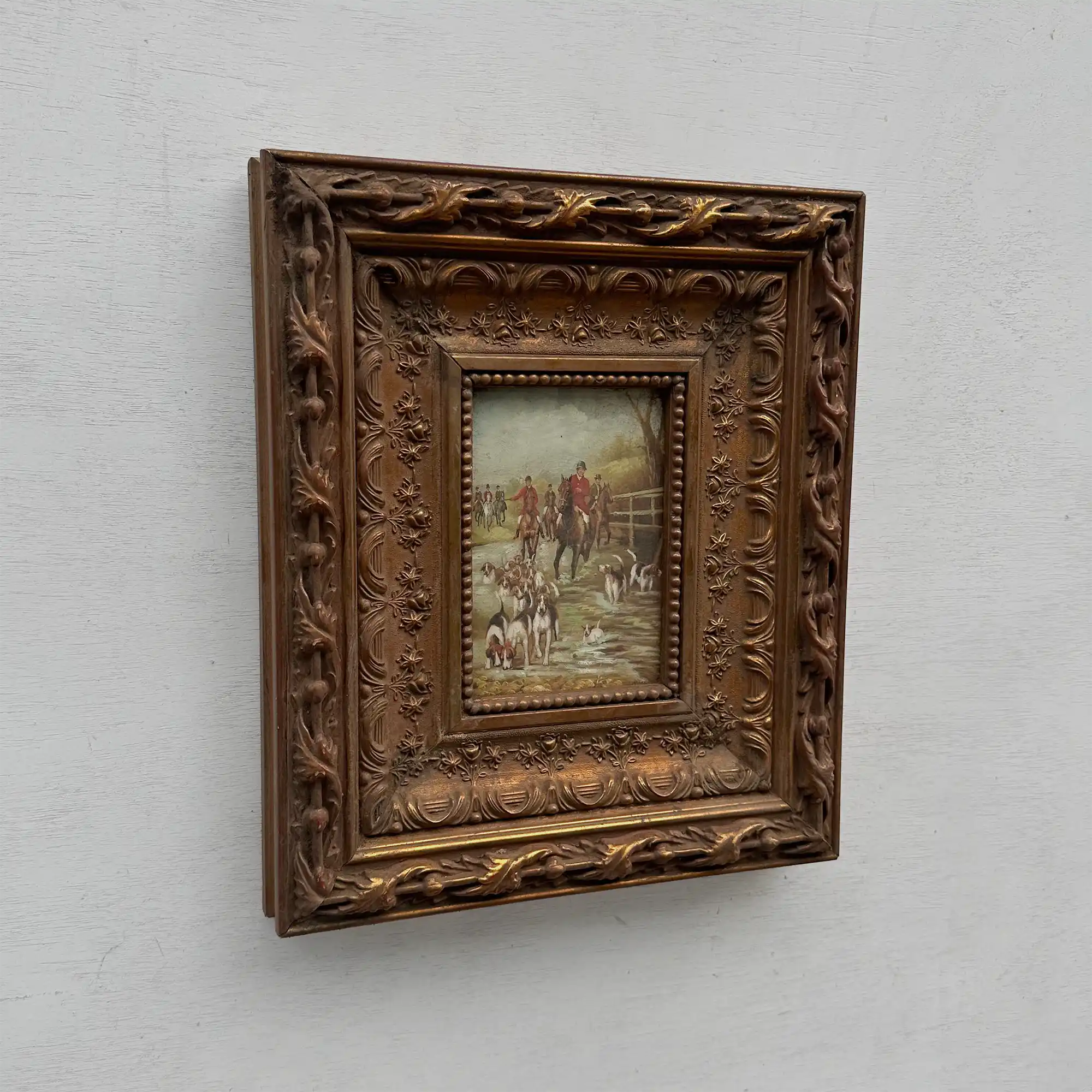 Vintage Hunting Painting, European Horse and Hounds Art for Rustic Lodge Decor 32x37cm - Vintage Oil Painting - Arden Gallery