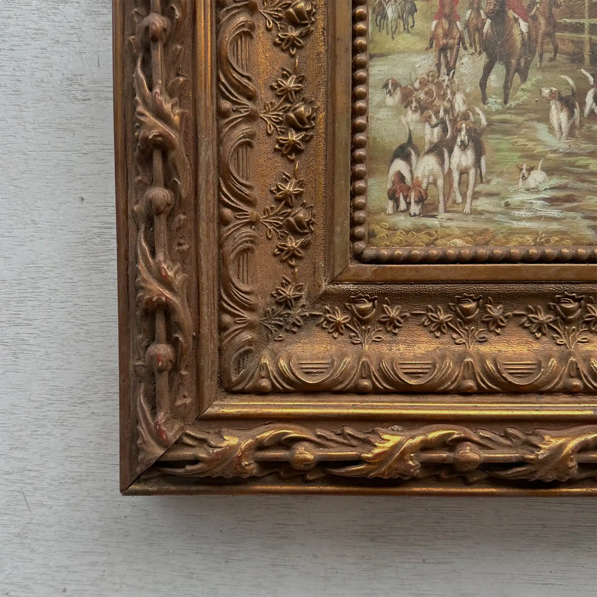 Vintage Hunting Painting, European Horse and Hounds Art for Rustic Lodge Decor 32x37cm - Vintage Oil Painting - Arden Gallery
