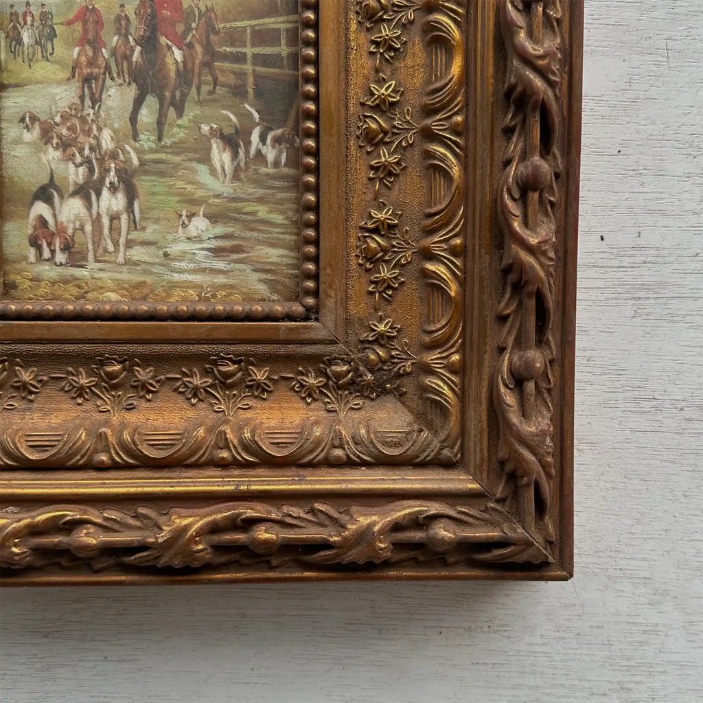 Vintage Hunting Painting, European Horse and Hounds Art for Rustic Lodge Decor 32x37cm - Vintage Oil Painting - Arden Gallery
