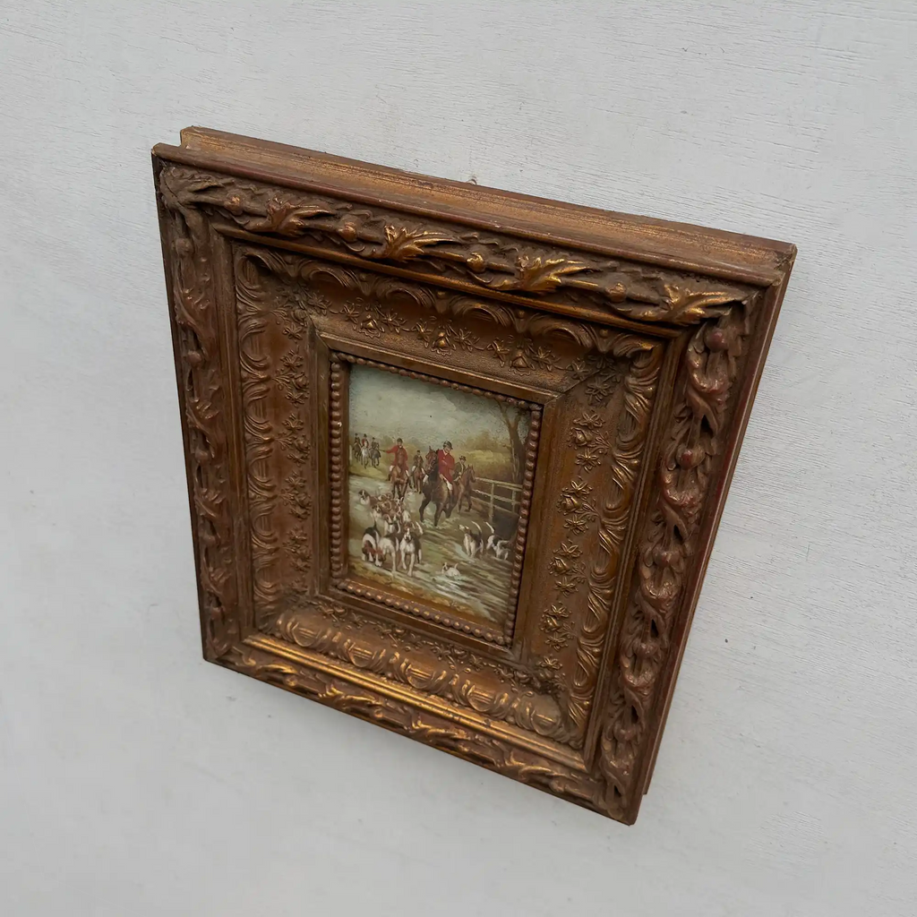 Vintage Hunting Painting, European Horse and Hounds Art for Rustic Lodge Decor 32x37cm - Vintage Oil Painting - Arden Gallery