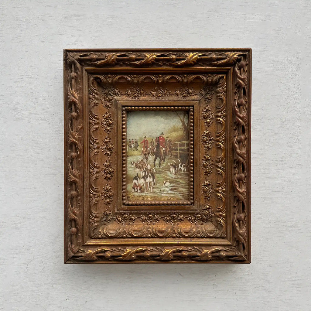 Vintage Hunting Painting, European Horse and Hounds Art for Rustic Lodge Decor 32x37cm - Vintage Oil Painting - Arden Gallery