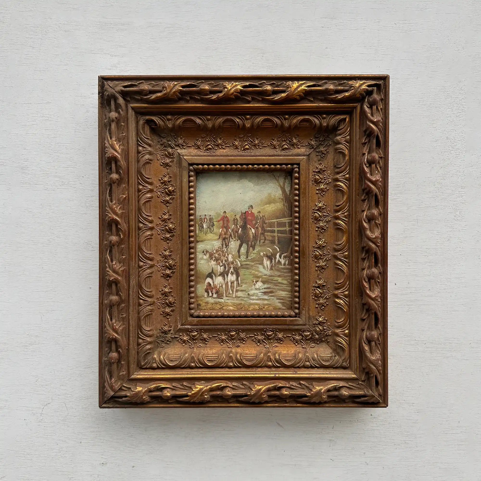 Vintage Hunting Painting, European Horse and Hounds Art for Rustic Lodge Decor 32x37cm - Vintage Oil Painting - Arden Gallery