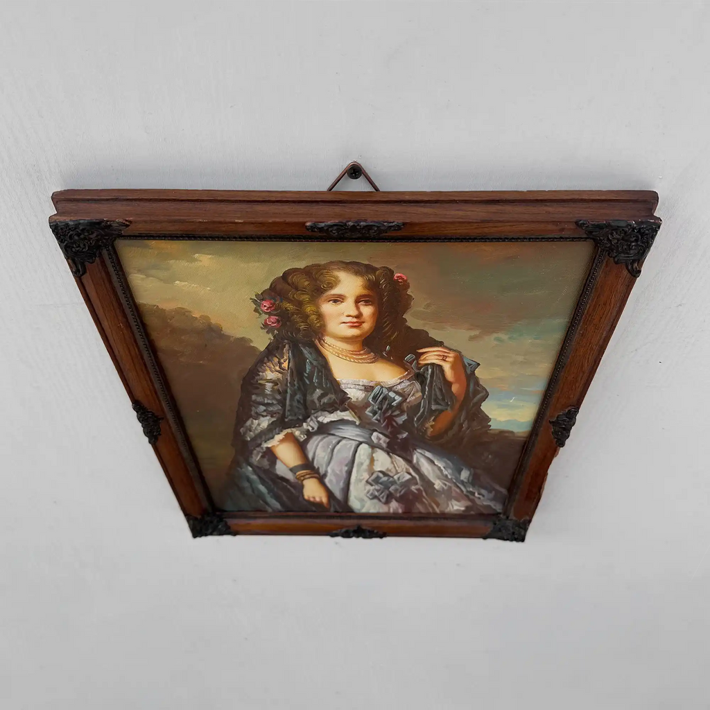 Vintage Lady Portrait Hand-Painted Oil Painting | European Noblewoman Art | Solid Wood Frame 32x39cm - Vintage Oil Painting - Arden Gallery