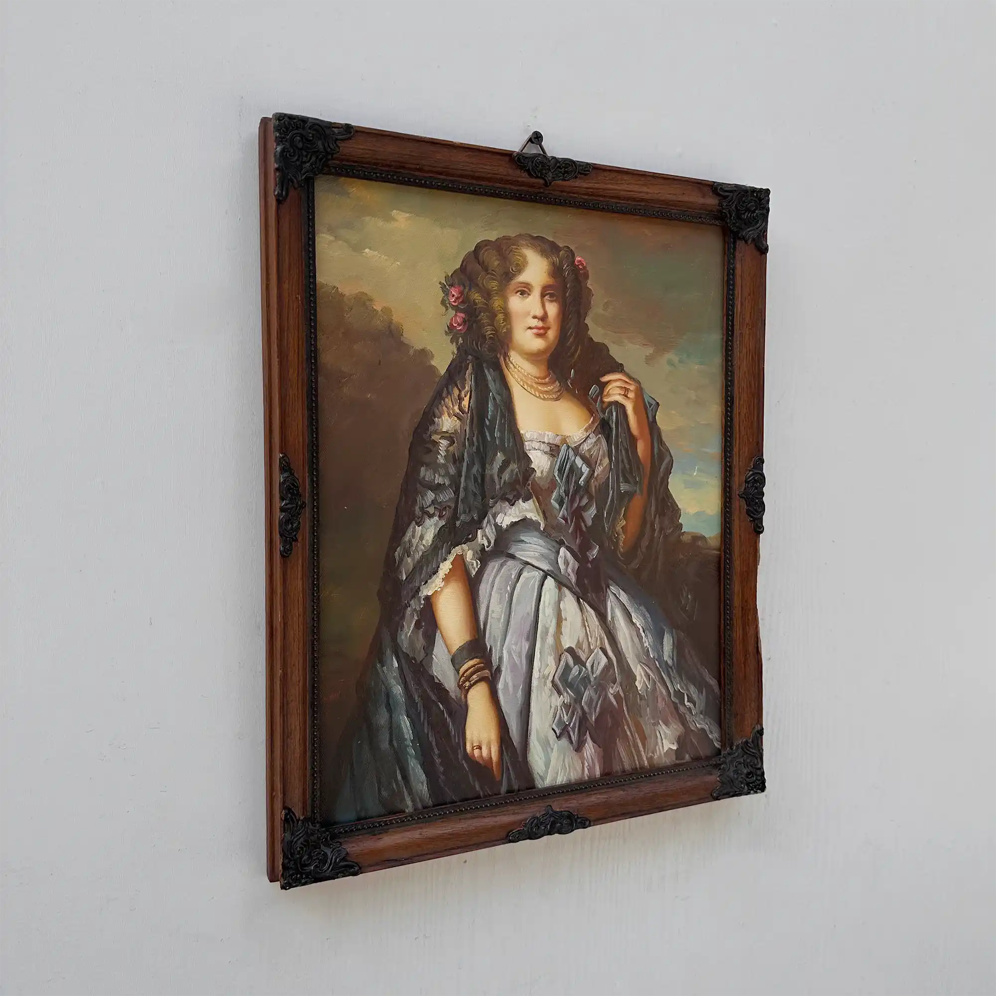 Vintage Lady Portrait Hand-Painted Oil Painting | European Noblewoman Art | Solid Wood Frame 32x39cm - Vintage Oil Painting - Arden Gallery