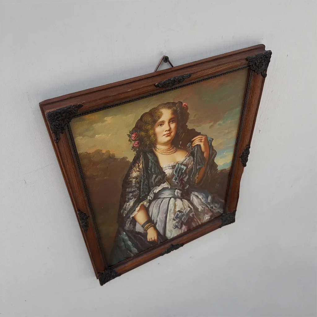 Vintage Lady Portrait Hand-Painted Oil Painting | European Noblewoman Art | Solid Wood Frame 32x39cm - Vintage Oil Painting - Arden Gallery
