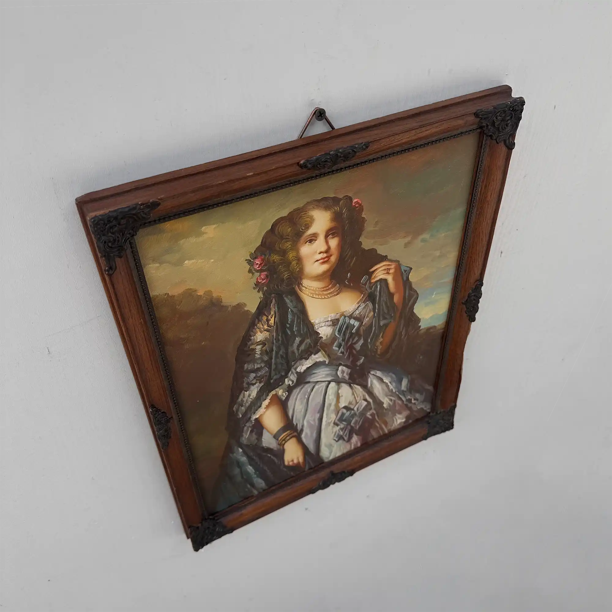 Vintage Lady Portrait Hand-Painted Oil Painting | European Noblewoman Art | Solid Wood Frame 32x39cm - Vintage Oil Painting - Arden Gallery