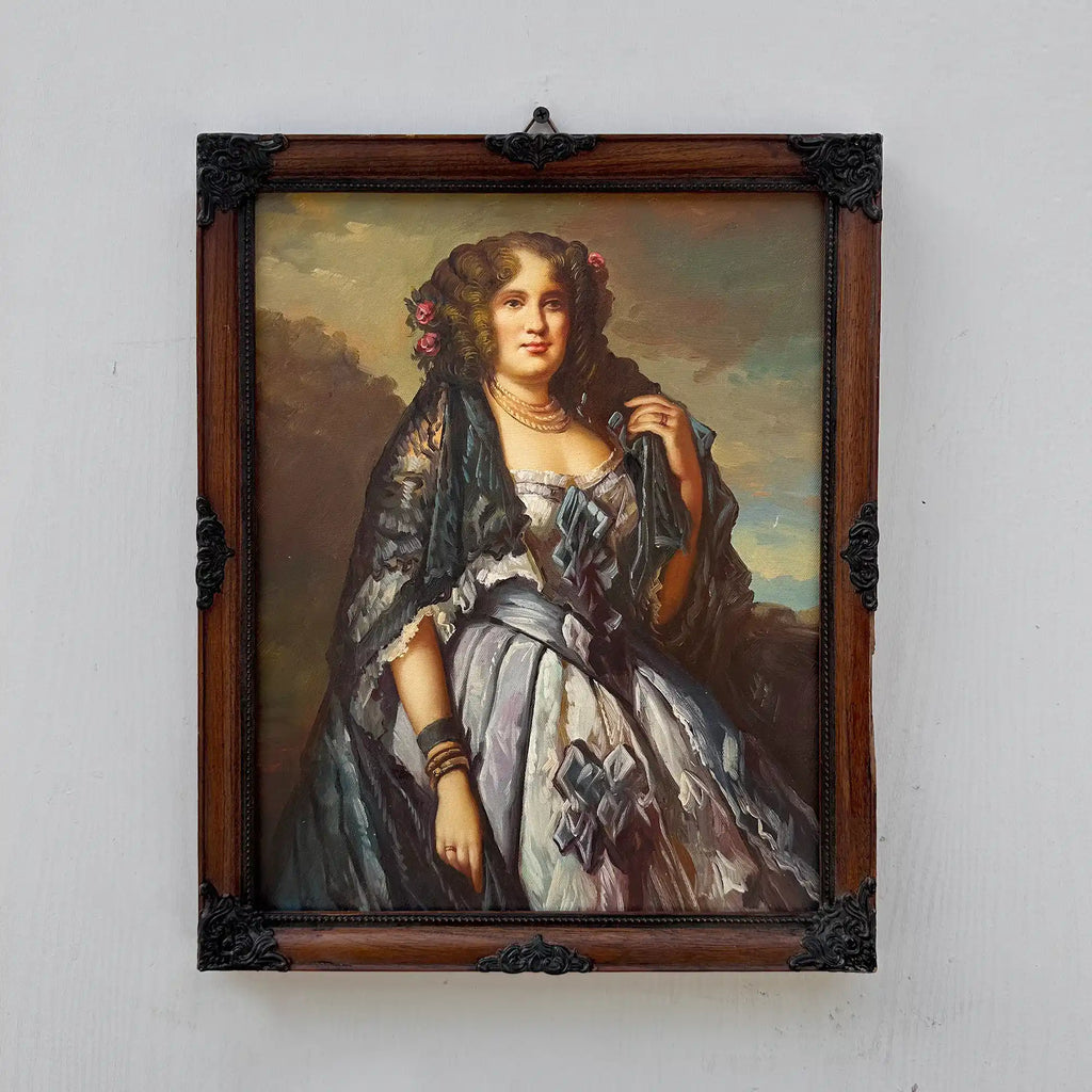 Vintage Lady Portrait Hand-Painted Oil Painting | European Noblewoman Art | Solid Wood Frame 32x39cm - Vintage Oil Painting - Arden Gallery