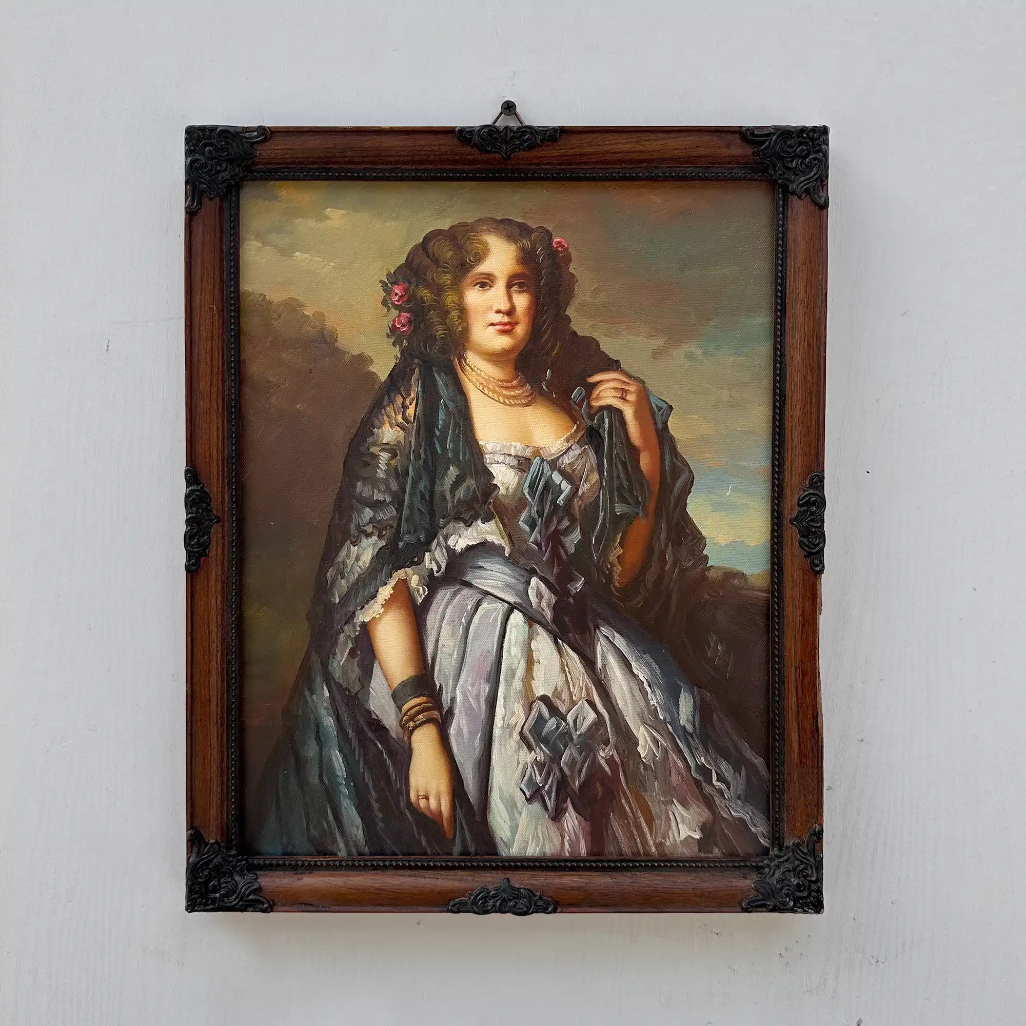 Vintage Lady Portrait Hand-Painted Oil Painting | European Noblewoman Art | Solid Wood Frame 32x39cm - Vintage Oil Painting - Arden Gallery