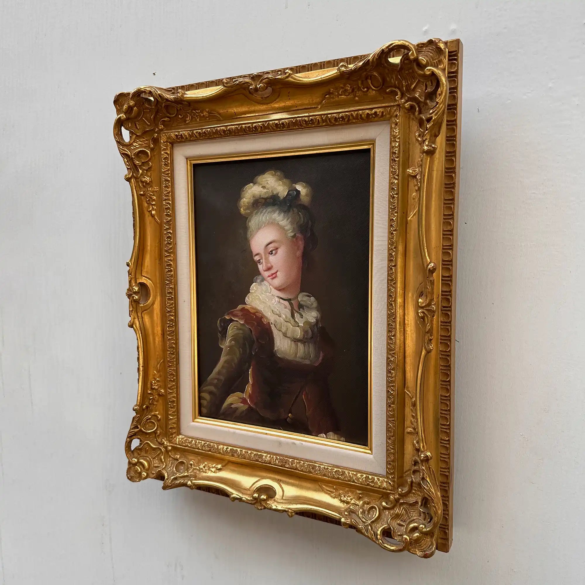 Vintage Lady Portrait Hand-Painted Oil Painting | Luxurious Carved Gold Frame | One of a Kind 42x51cm - Vintage Oil Painting - Arden Gallery