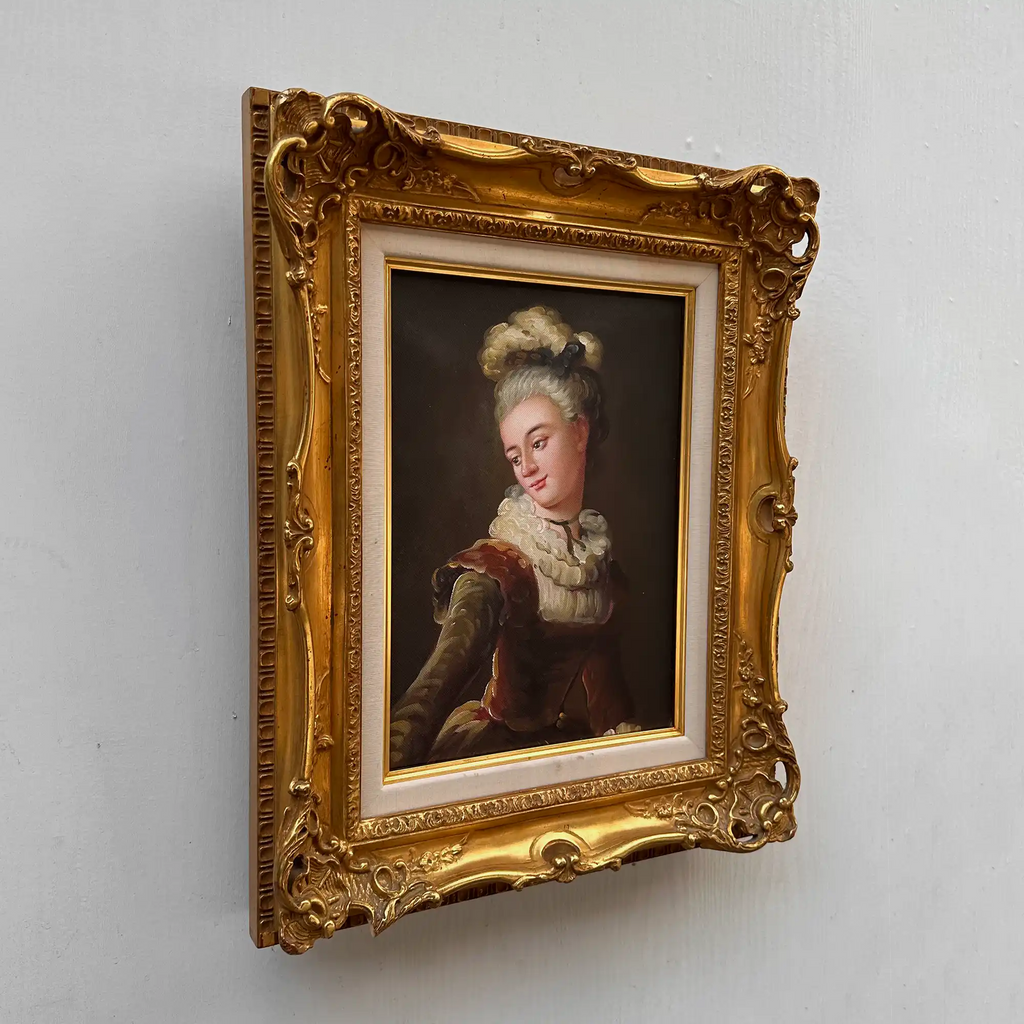 Vintage Lady Portrait Hand-Painted Oil Painting | Luxurious Carved Gold Frame | One of a Kind 42x51cm - Vintage Oil Painting - Arden Gallery