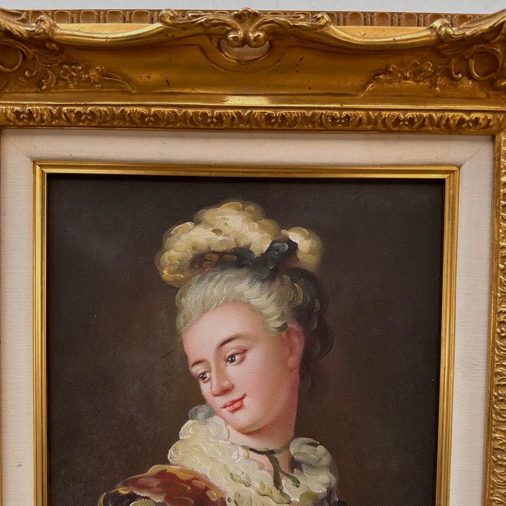 Vintage Lady Portrait Hand-Painted Oil Painting | Luxurious Carved Gold Frame | One of a Kind 42x51cm - Vintage Oil Painting - Arden Gallery