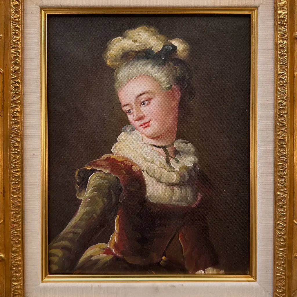 Vintage Lady Portrait Hand-Painted Oil Painting | Luxurious Carved Gold Frame | One of a Kind 42x51cm - Vintage Oil Painting - Arden Gallery