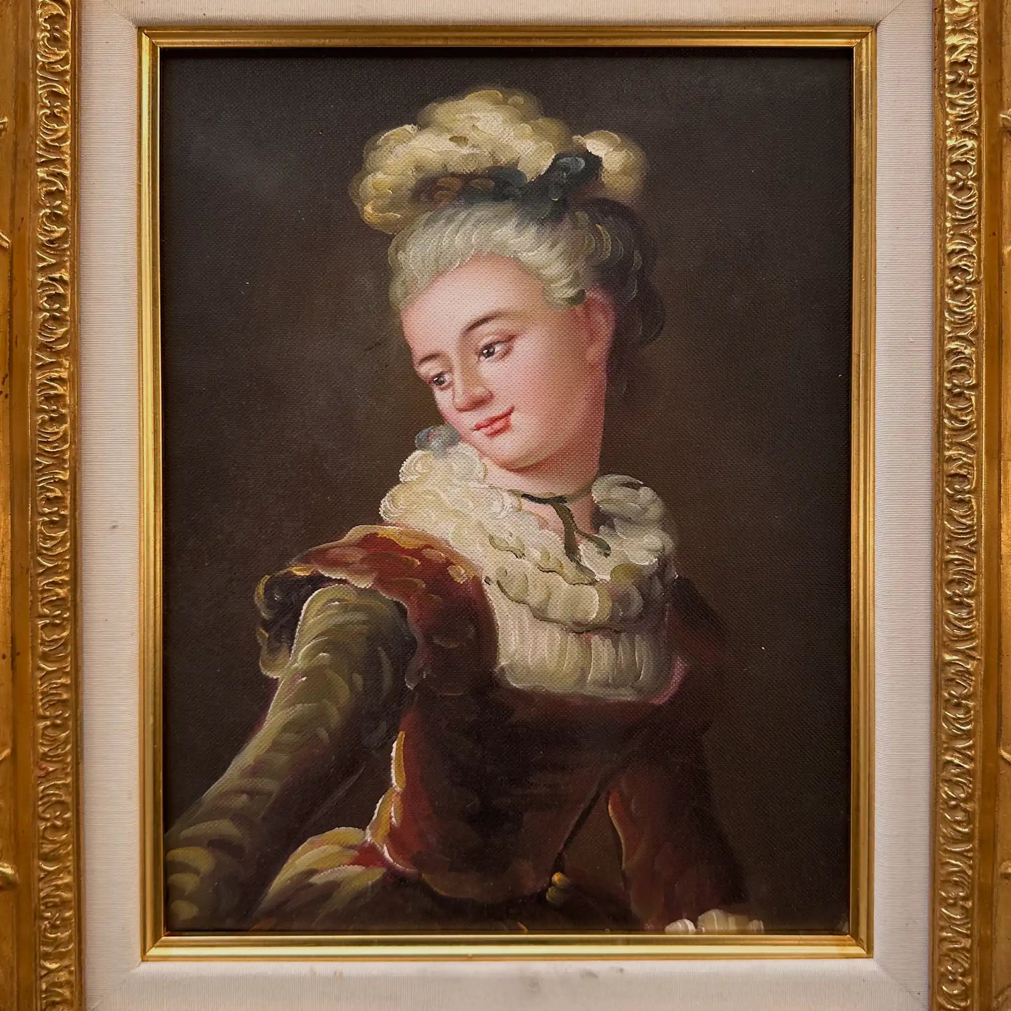 Vintage Lady Portrait Hand-Painted Oil Painting | Luxurious Carved Gold Frame | One of a Kind 42x51cm - Vintage Oil Painting - Arden Gallery