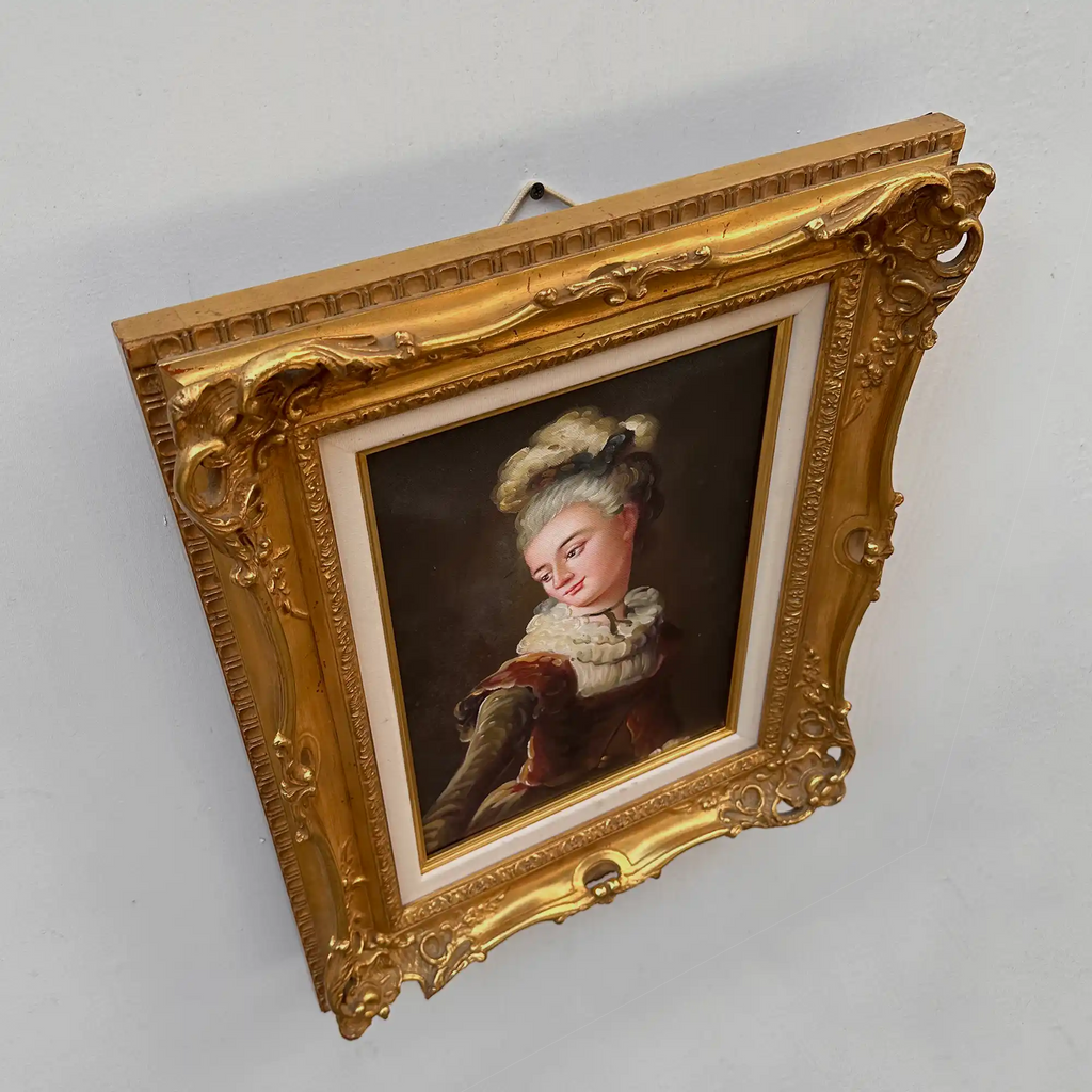 Vintage Lady Portrait Hand-Painted Oil Painting | Luxurious Carved Gold Frame | One of a Kind 42x51cm - Vintage Oil Painting - Arden Gallery