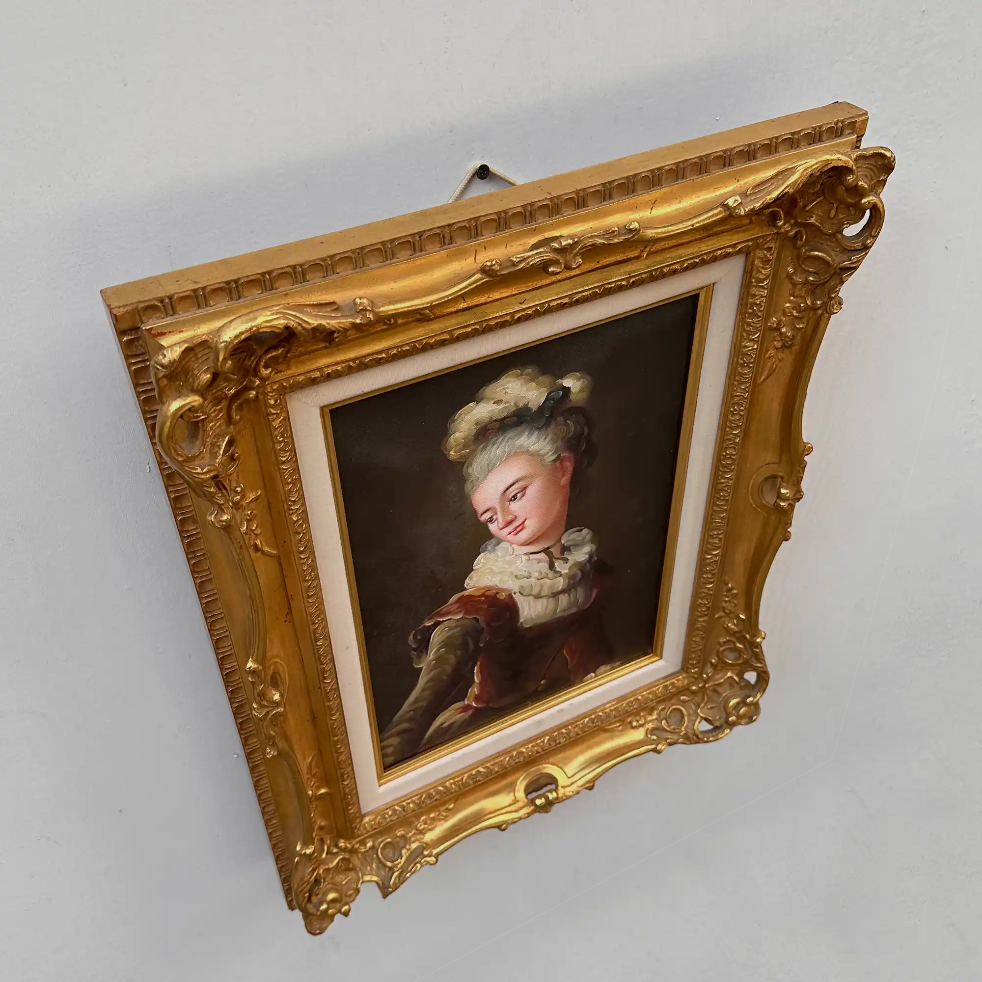 Vintage Lady Portrait Hand-Painted Oil Painting | Luxurious Carved Gold Frame | One of a Kind 42x51cm - Vintage Oil Painting - Arden Gallery