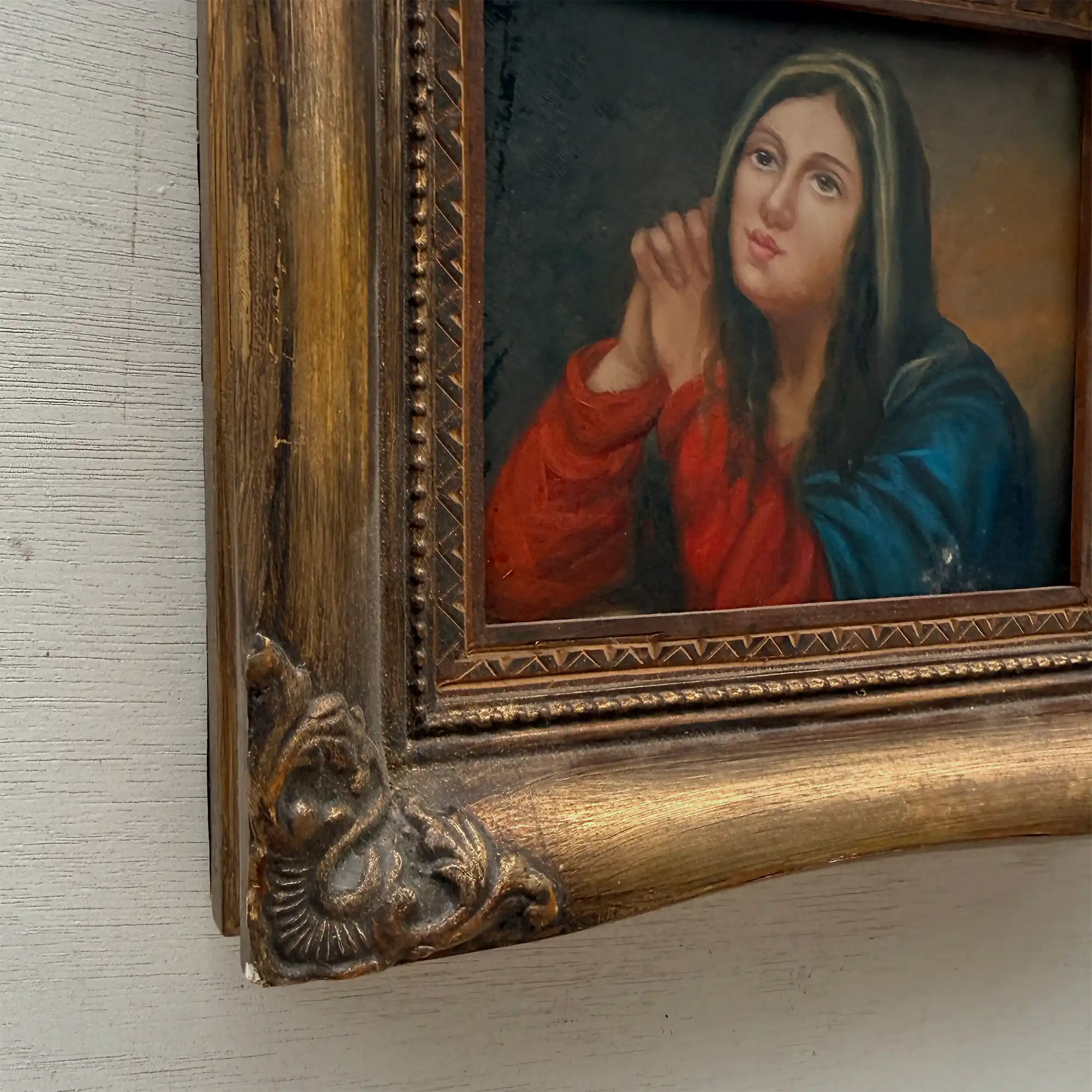 Vintage Madonna Portrait Painting, Classical Religious Art in Wooden Frame - Vintage Oil Painting - Arden Gallery