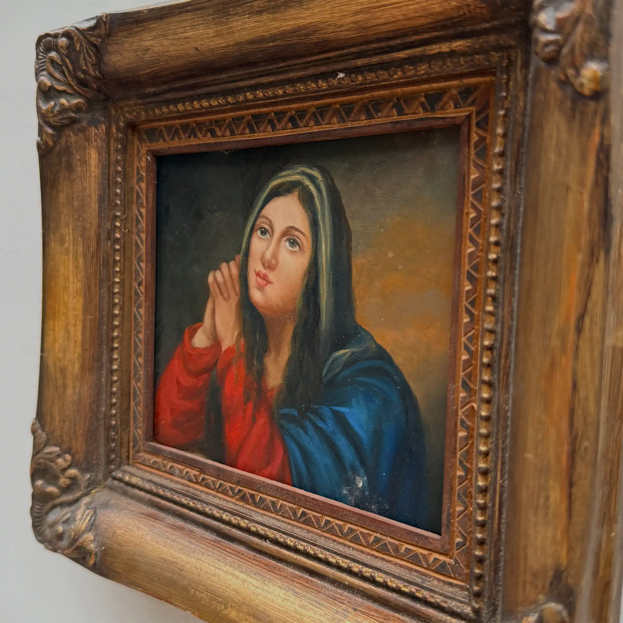 Vintage Madonna Portrait Painting, Classical Religious Art in Wooden Frame - Vintage Oil Painting - Arden Gallery