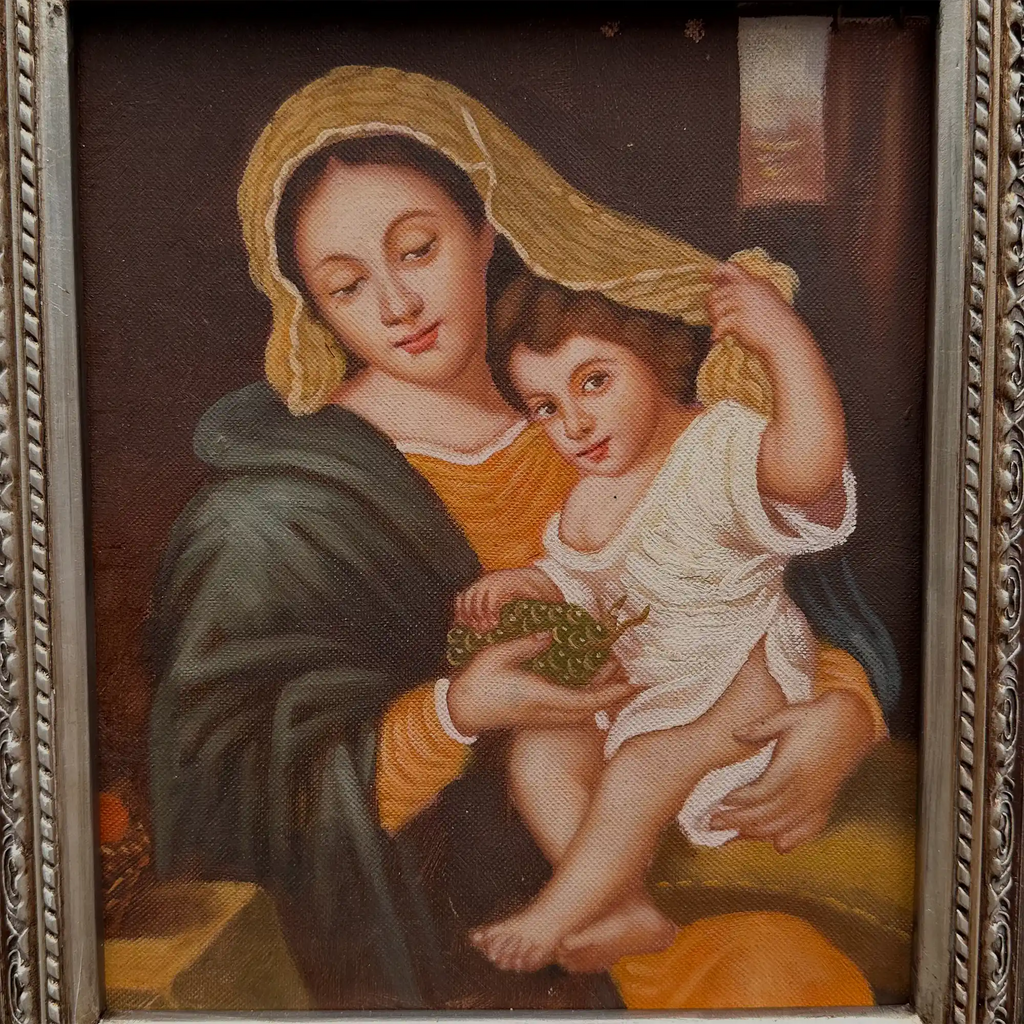 Vintage Madonna and Child Oil Painting, Religious Portrait Art with Ornate Wooden Frame - Vintage Oil Painting - Arden Gallery