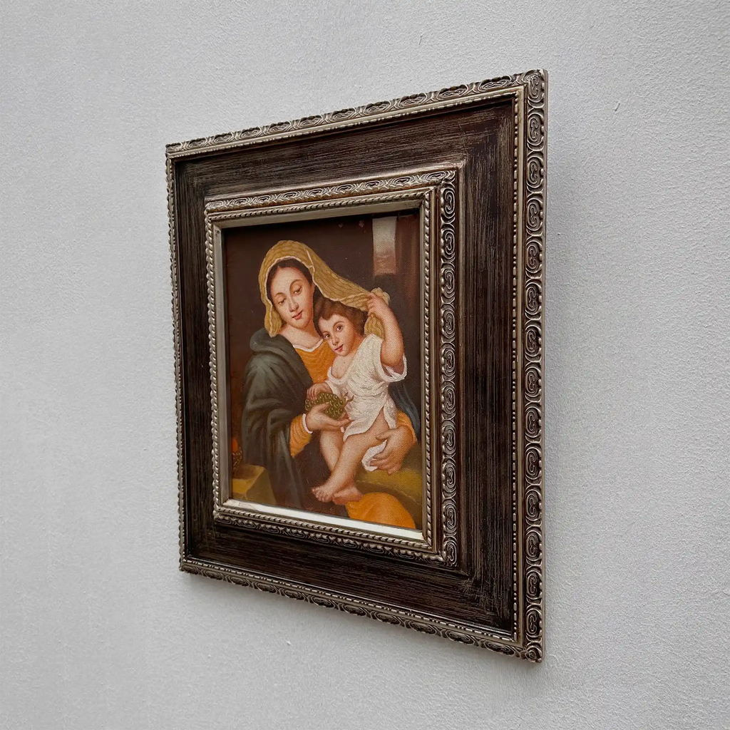 Vintage Madonna and Child Oil Painting, Religious Portrait Art with Ornate Wooden Frame - Vintage Oil Painting - Arden Gallery