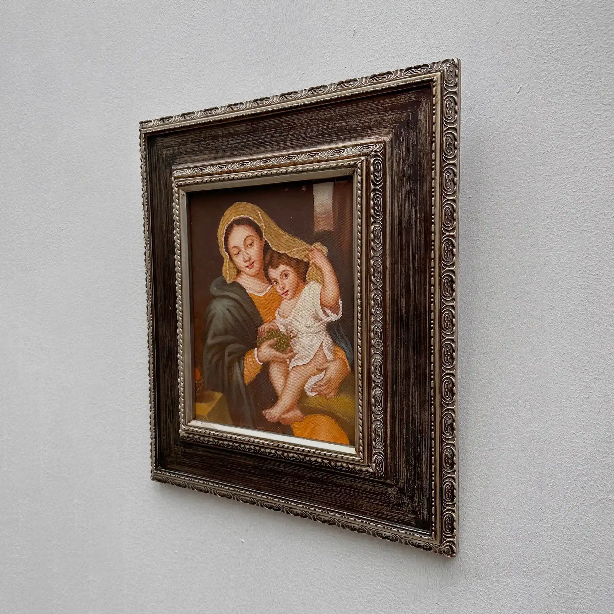 Vintage Madonna and Child Oil Painting, Religious Portrait Art with Ornate Wooden Frame - Vintage Oil Painting - Arden Gallery