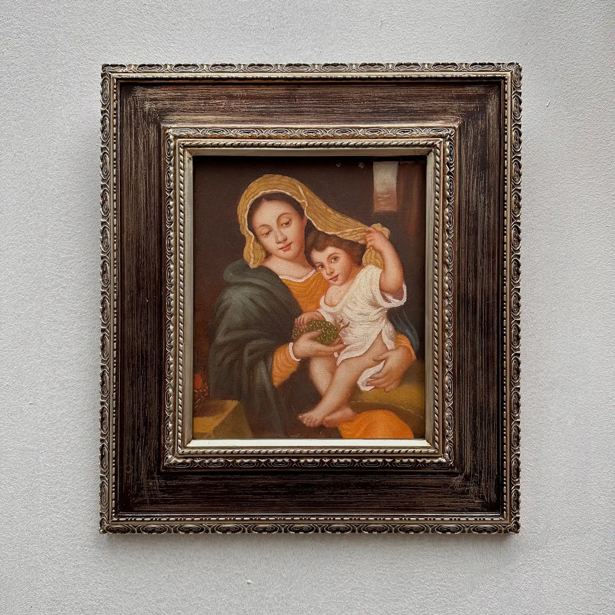 Vintage Madonna and Child Oil Painting, Religious Portrait Art with Ornate Wooden Frame - Vintage Oil Painting - Arden Gallery