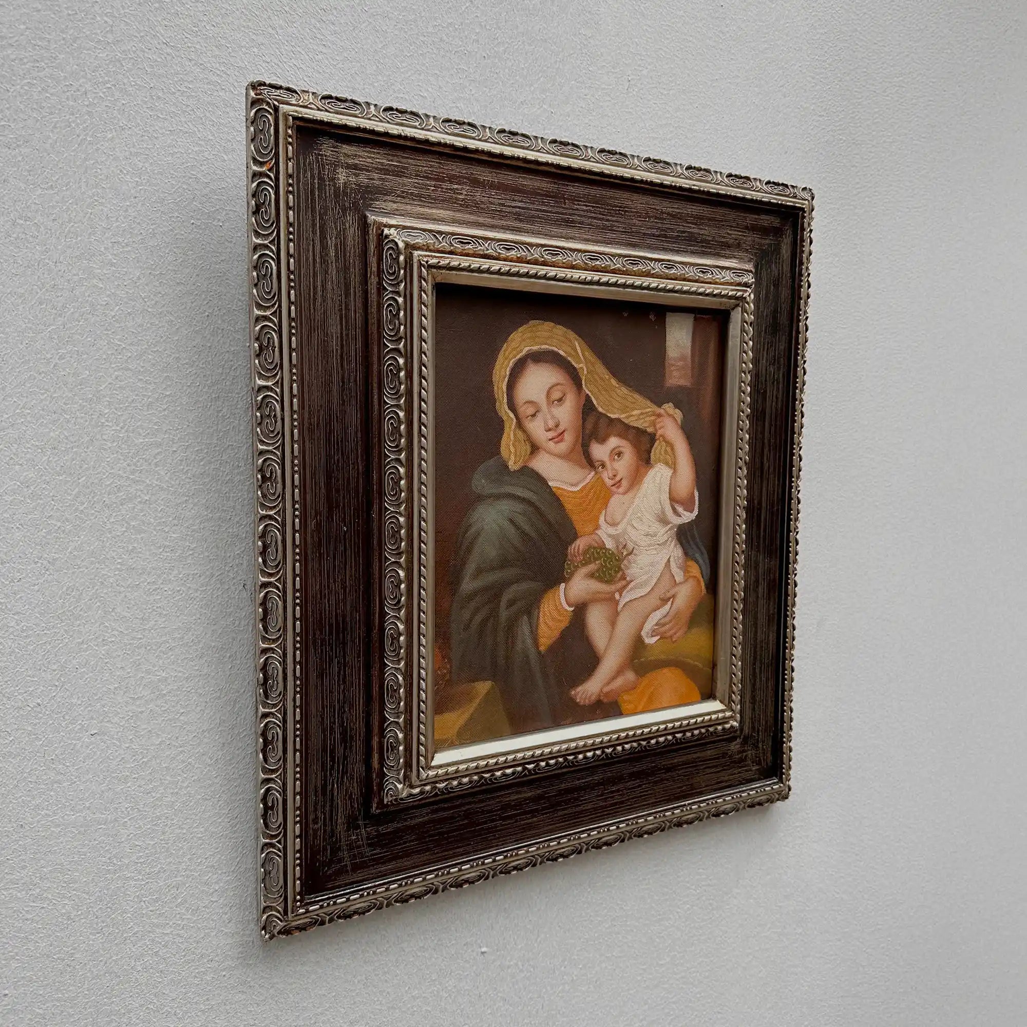 Vintage Madonna and Child Oil Painting, Religious Portrait Art with Ornate Wooden Frame - Vintage Oil Painting - Arden Gallery