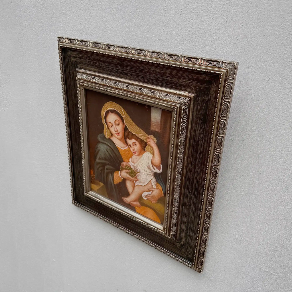 Vintage Madonna and Child Oil Painting, Religious Portrait Art with Ornate Wooden Frame - Vintage Oil Painting - Arden Gallery