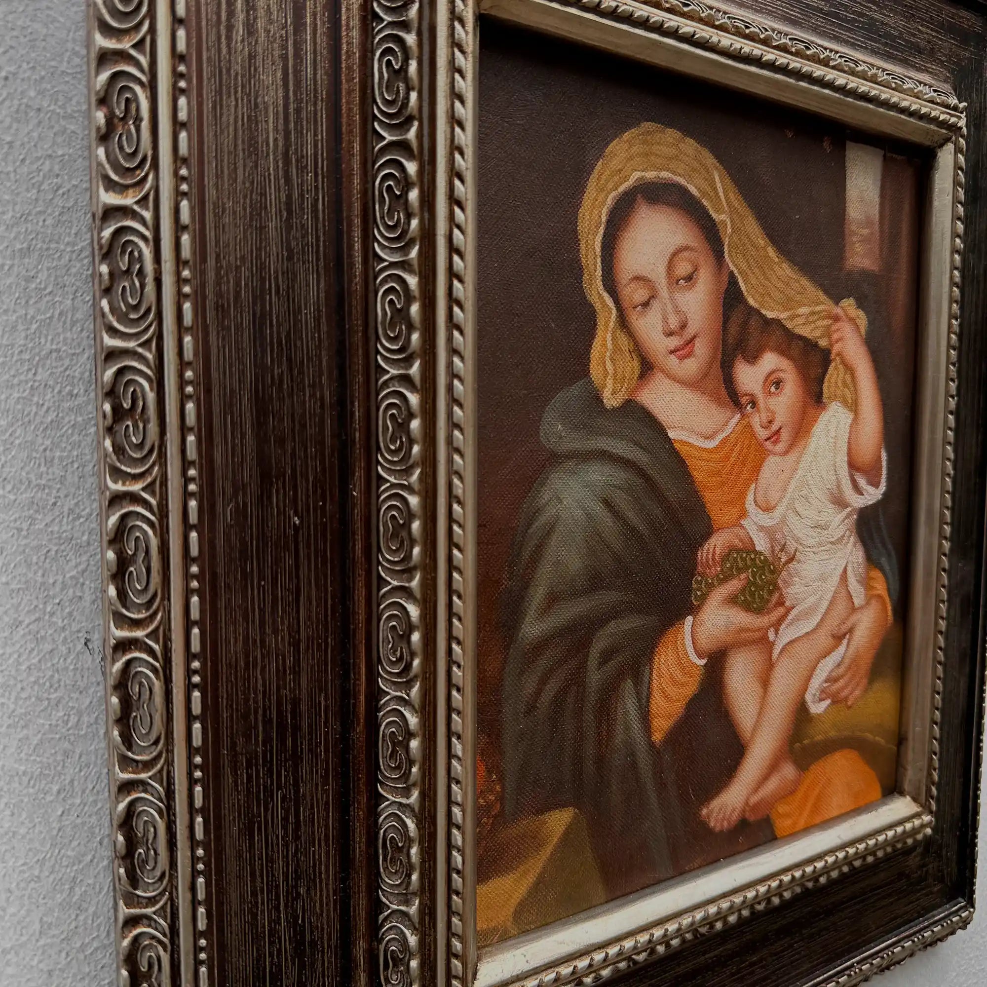 Vintage Madonna and Child Oil Painting, Religious Portrait Art with Ornate Wooden Frame - Vintage Oil Painting - Arden Gallery