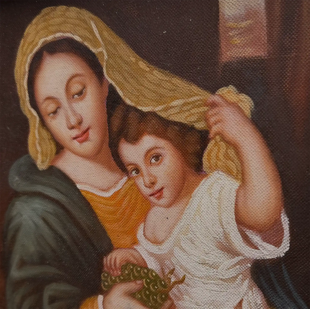 Vintage Madonna and Child Oil Painting, Religious Portrait Art with Ornate Wooden Frame - Vintage Oil Painting - Arden Gallery