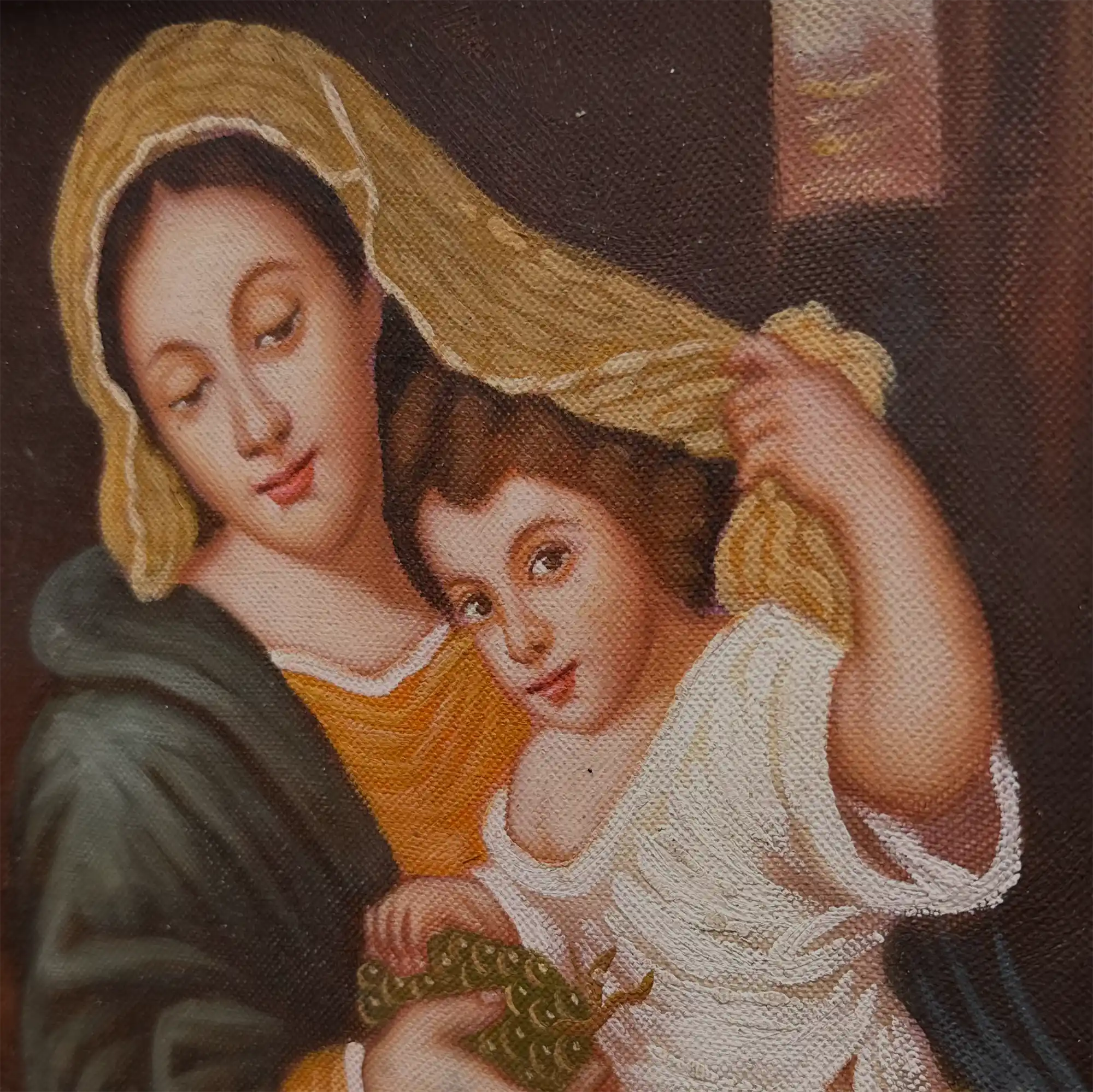 Vintage Madonna and Child Oil Painting, Religious Portrait Art with Ornate Wooden Frame - Vintage Oil Painting - Arden Gallery