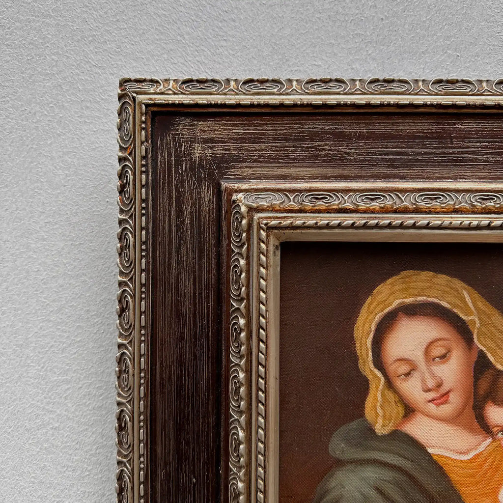 Vintage Madonna and Child Oil Painting, Religious Portrait Art with Ornate Wooden Frame - Vintage Oil Painting - Arden Gallery