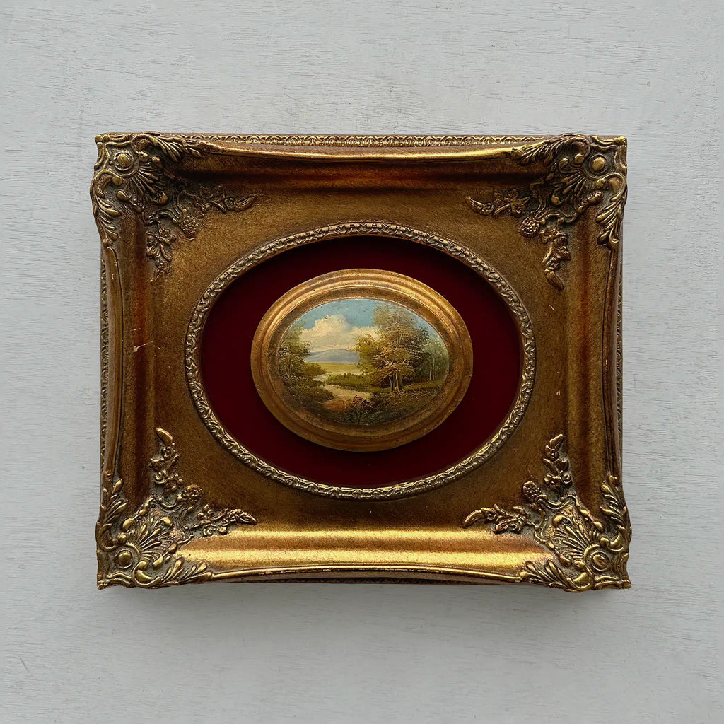 Vintage Mini Oval Painting, European Landscape Cameo Art in Ornate Frame Wall Decor - Vintage Oil Painting - Arden Gallery