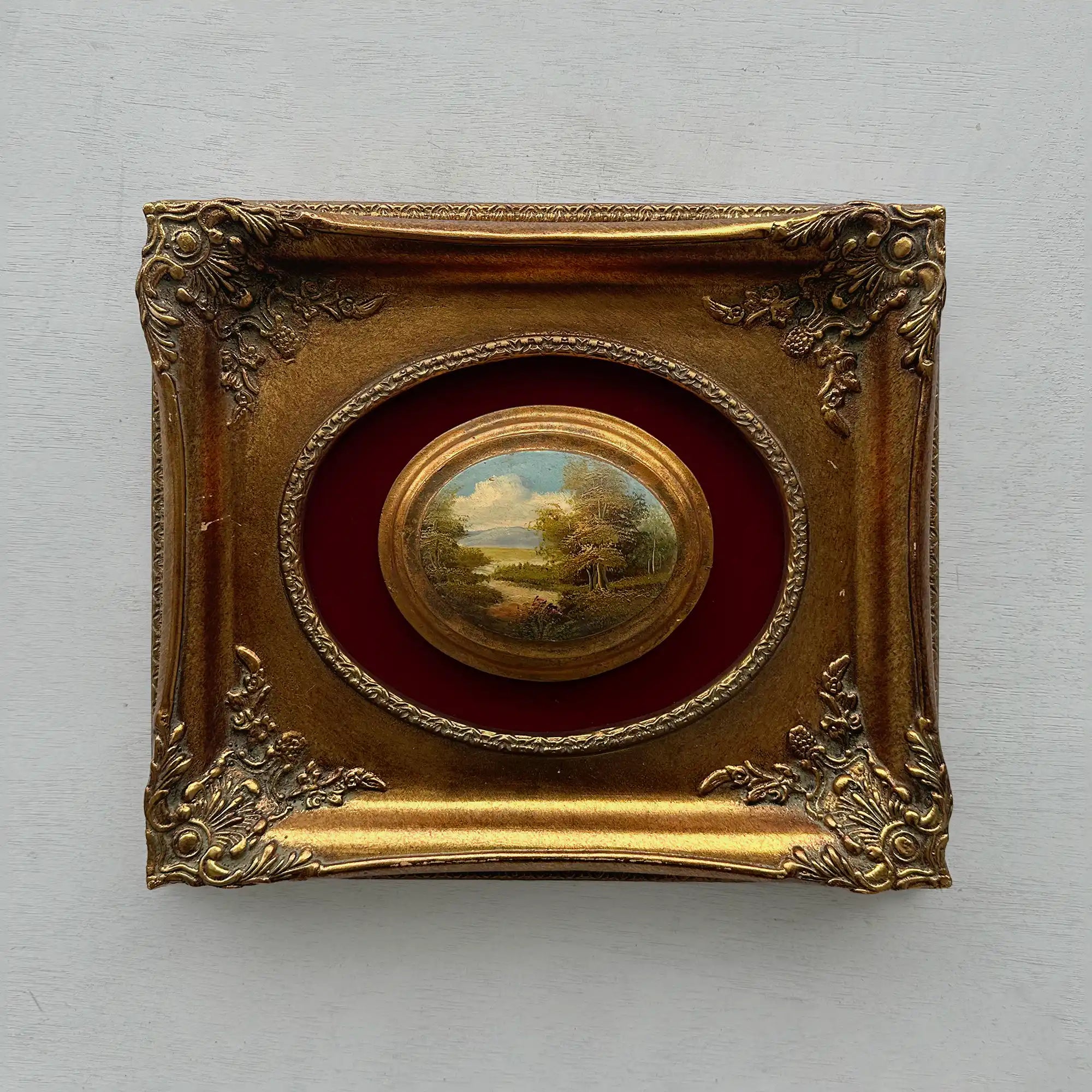 Vintage Mini Oval Painting, European Landscape Cameo Art in Ornate Frame Wall Decor - Vintage Oil Painting - Arden Gallery