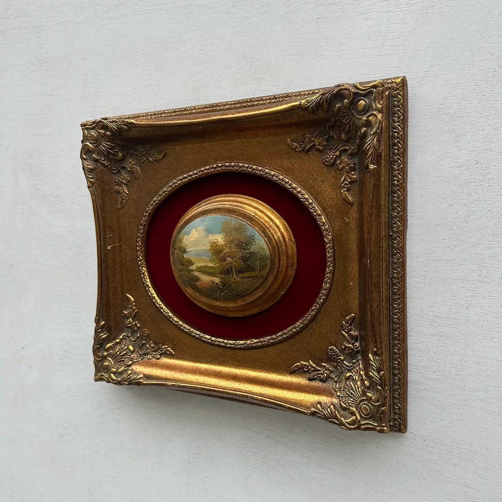 Vintage Mini Oval Painting, European Landscape Cameo Art in Ornate Frame Wall Decor - Vintage Oil Painting - Arden Gallery