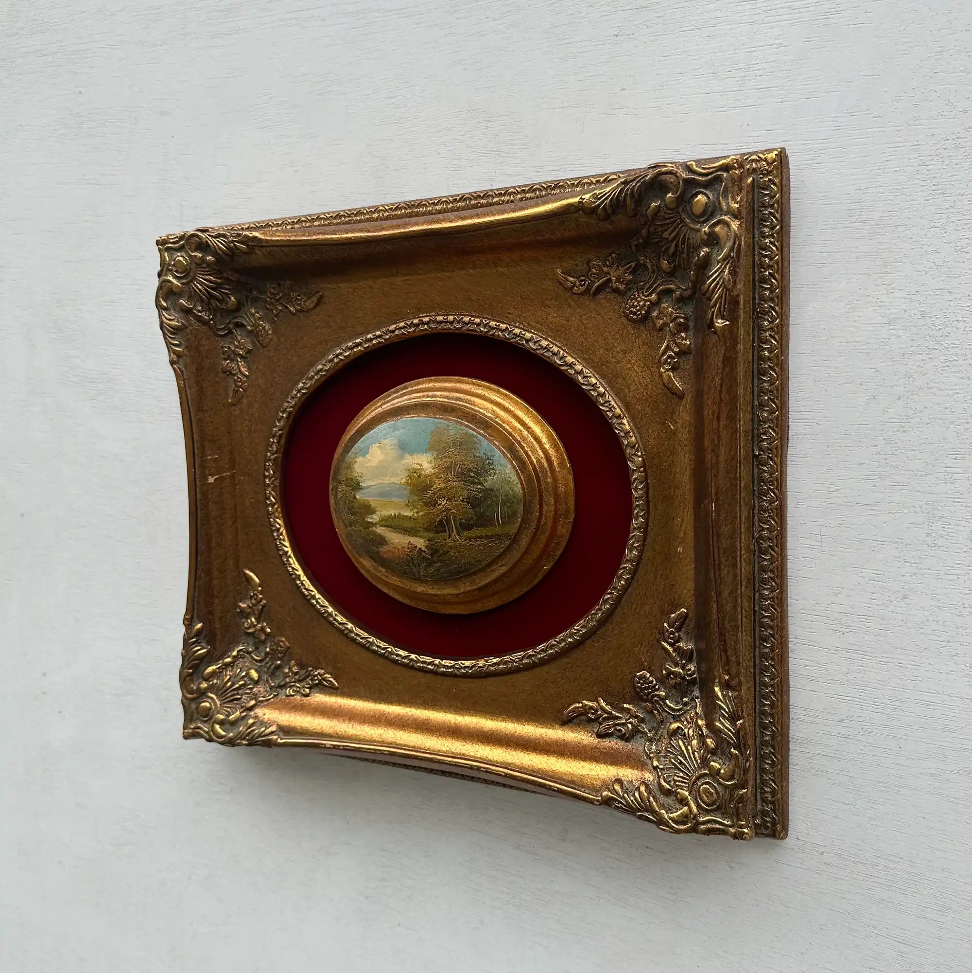 Vintage Mini Oval Painting, European Landscape Cameo Art in Ornate Frame Wall Decor - Vintage Oil Painting - Arden Gallery