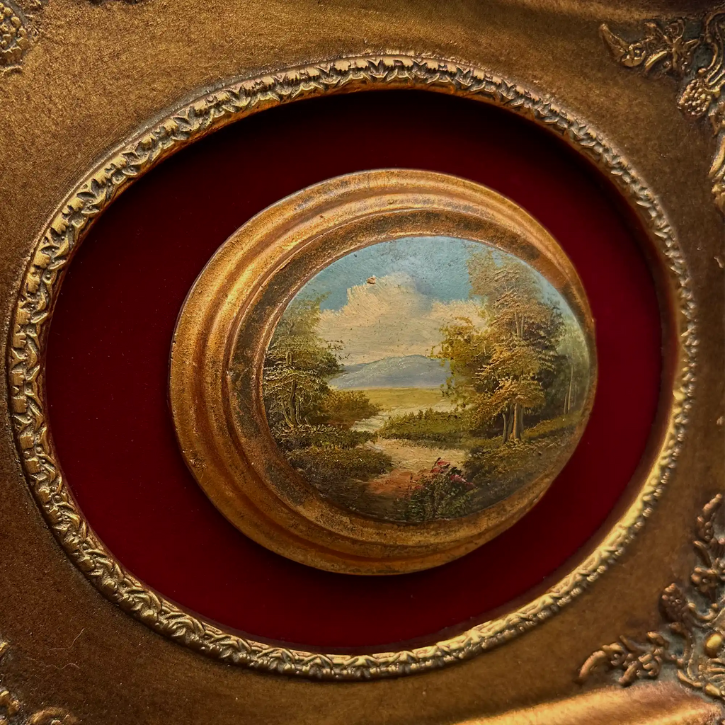 Vintage Mini Oval Painting, European Landscape Cameo Art in Ornate Frame Wall Decor - Vintage Oil Painting - Arden Gallery