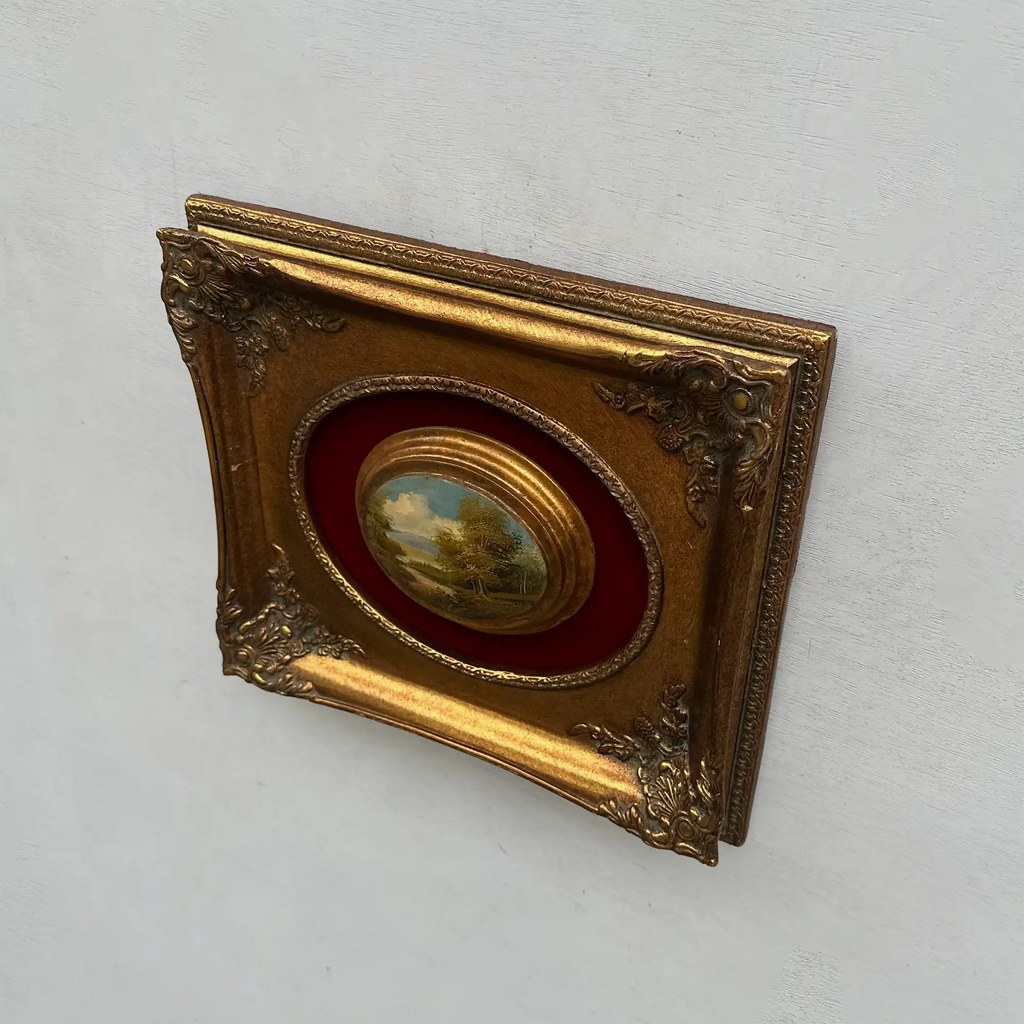 Vintage Mini Oval Painting, European Landscape Cameo Art in Ornate Frame Wall Decor - Vintage Oil Painting - Arden Gallery