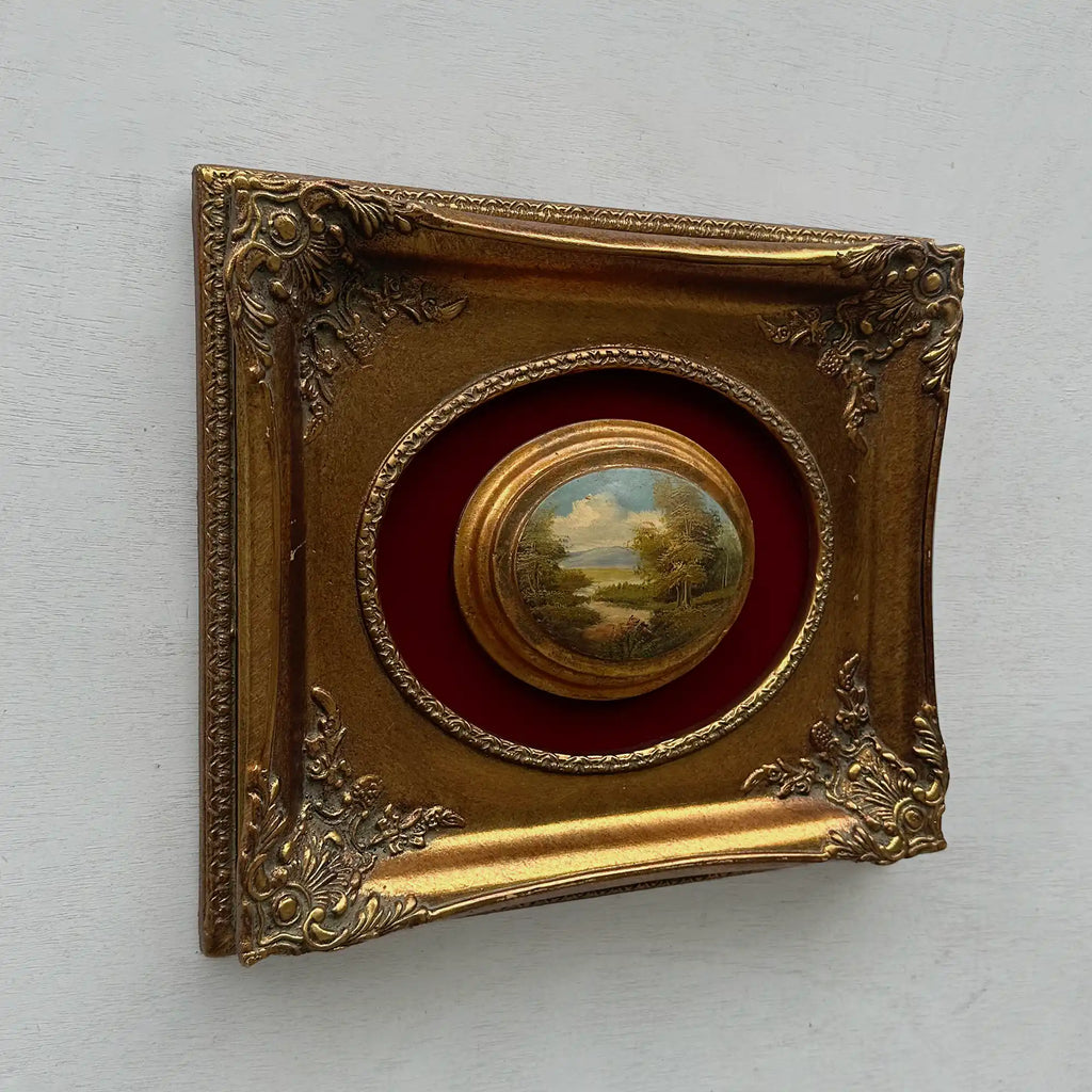 Vintage Mini Oval Painting, European Landscape Cameo Art in Ornate Frame Wall Decor - Vintage Oil Painting - Arden Gallery