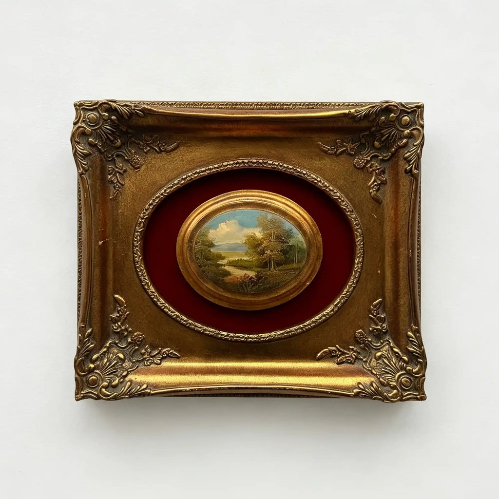 Vintage Mini Oval Painting, European Landscape Cameo Art in Ornate Frame Wall Decor - Vintage Oil Painting - Arden Gallery