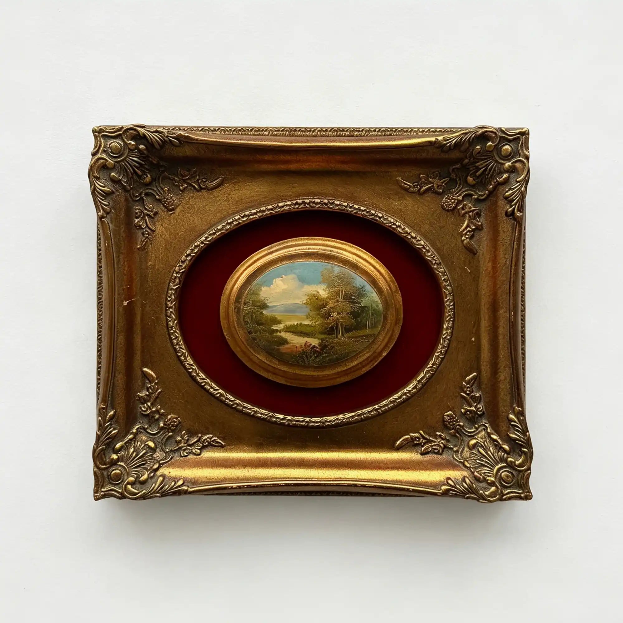 Vintage Mini Oval Painting, European Landscape Cameo Art in Ornate Frame Wall Decor - Vintage Oil Painting - Arden Gallery