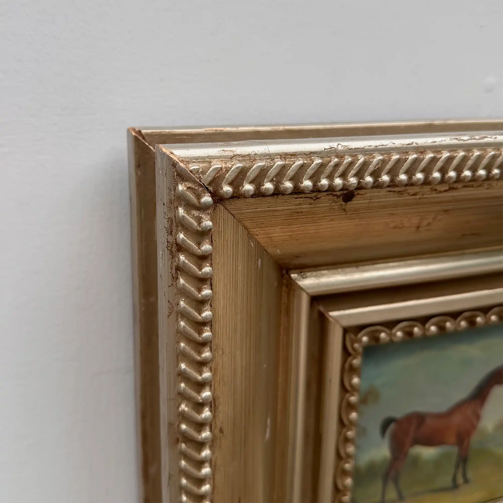 Vintage Miniature Horse Hand-Painted Oil Painting | Intricate Multi-Layer Carved Frame | One of a Kind - Vintage Oil Painting - Arden Gallery