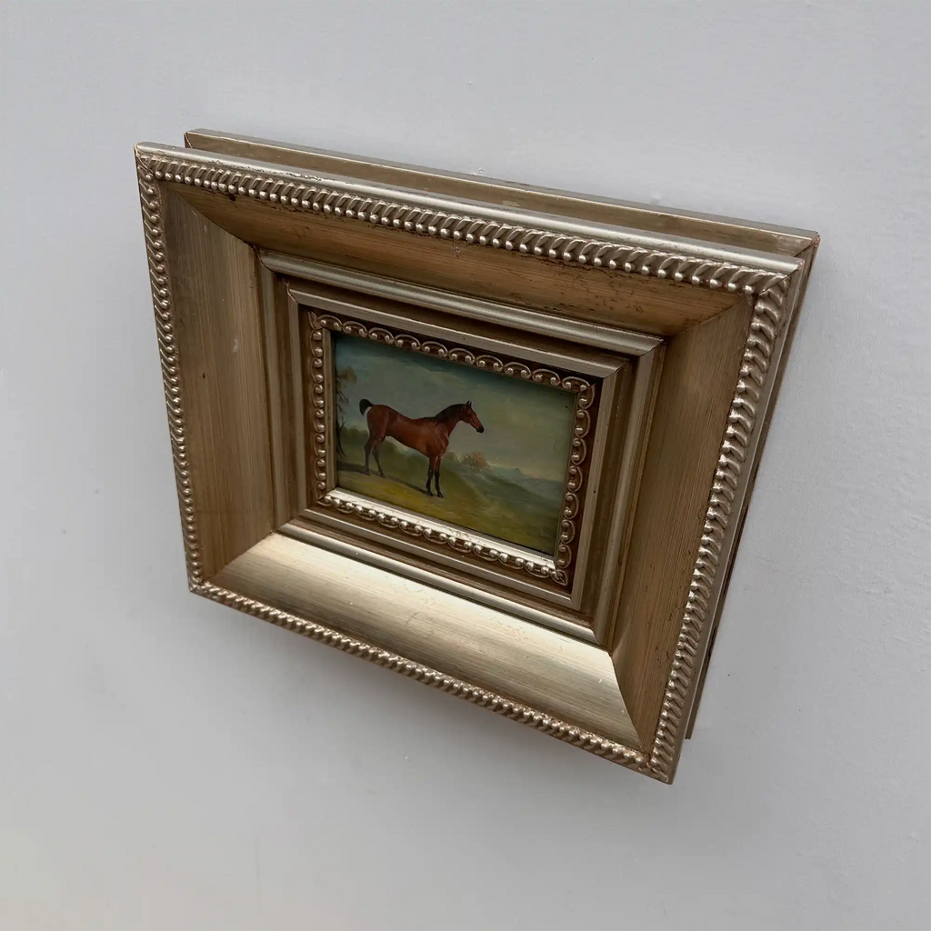 Vintage Miniature Horse Hand-Painted Oil Painting | Intricate Multi-Layer Carved Frame | One of a Kind - Vintage Oil Painting - Arden Gallery
