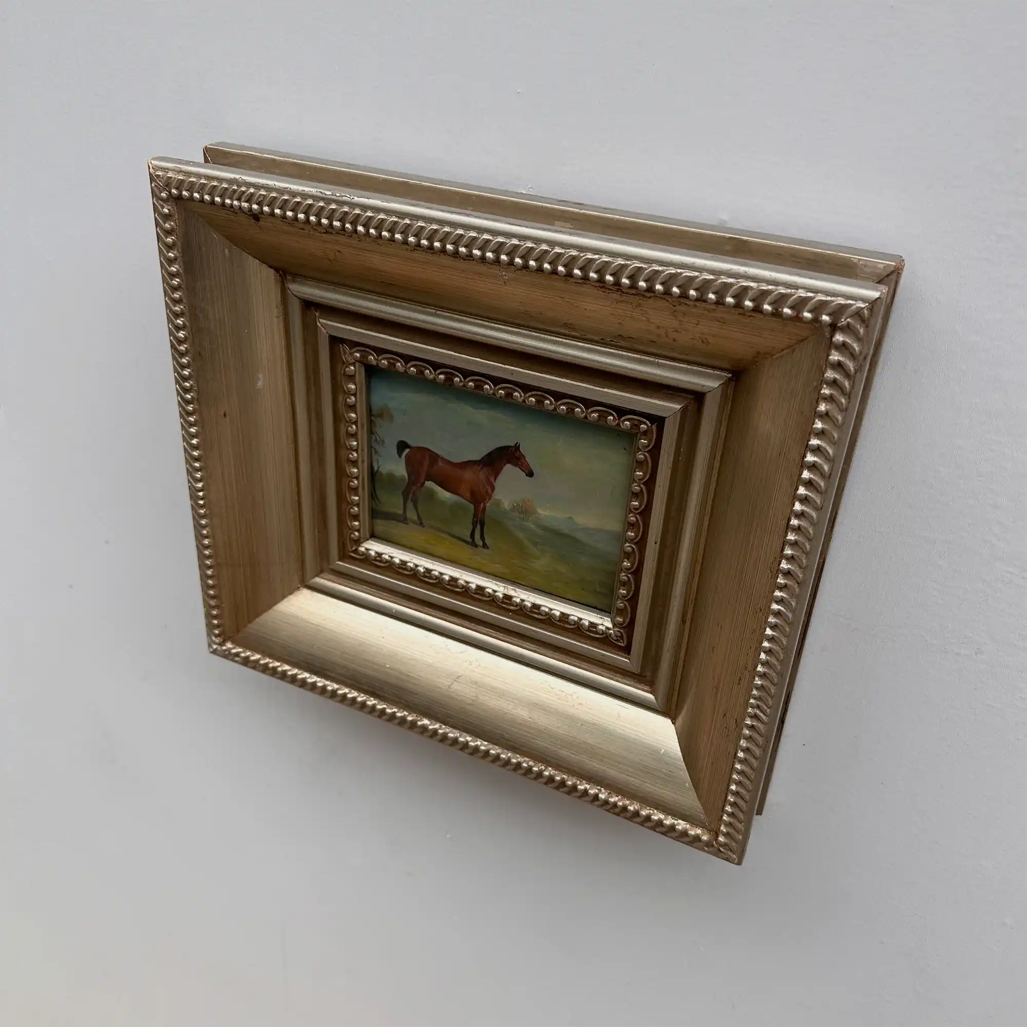 Vintage Miniature Horse Hand-Painted Oil Painting | Intricate Multi-Layer Carved Frame | One of a Kind - Vintage Oil Painting - Arden Gallery