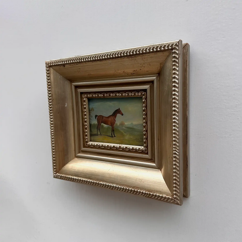 Vintage Miniature Horse Hand-Painted Oil Painting | Intricate Multi-Layer Carved Frame | One of a Kind - Vintage Oil Painting - Arden Gallery