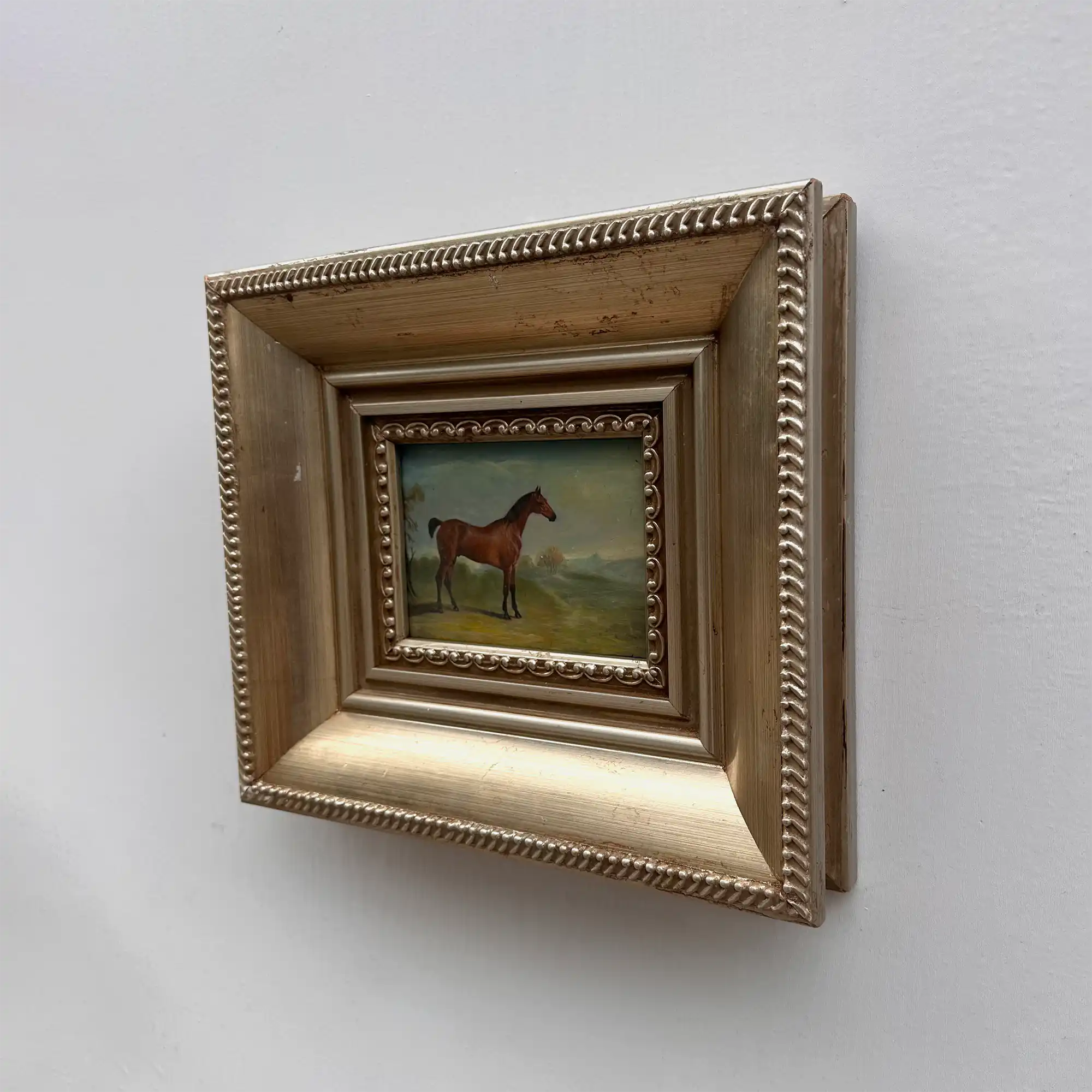 Vintage Miniature Horse Hand-Painted Oil Painting | Intricate Multi-Layer Carved Frame | One of a Kind - Vintage Oil Painting - Arden Gallery