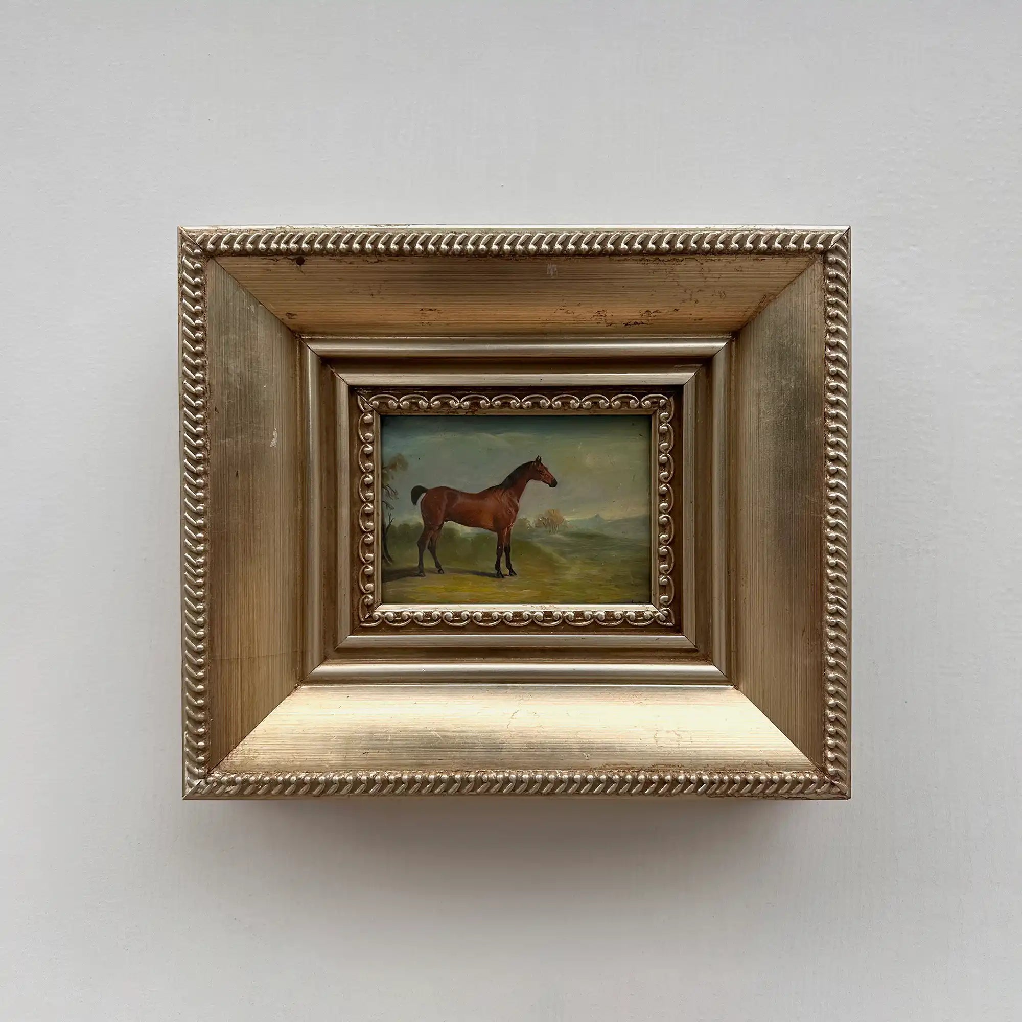 Vintage Miniature Horse Hand-Painted Oil Painting | Intricate Multi-Layer Carved Frame | One of a Kind - Vintage Oil Painting - Arden Gallery