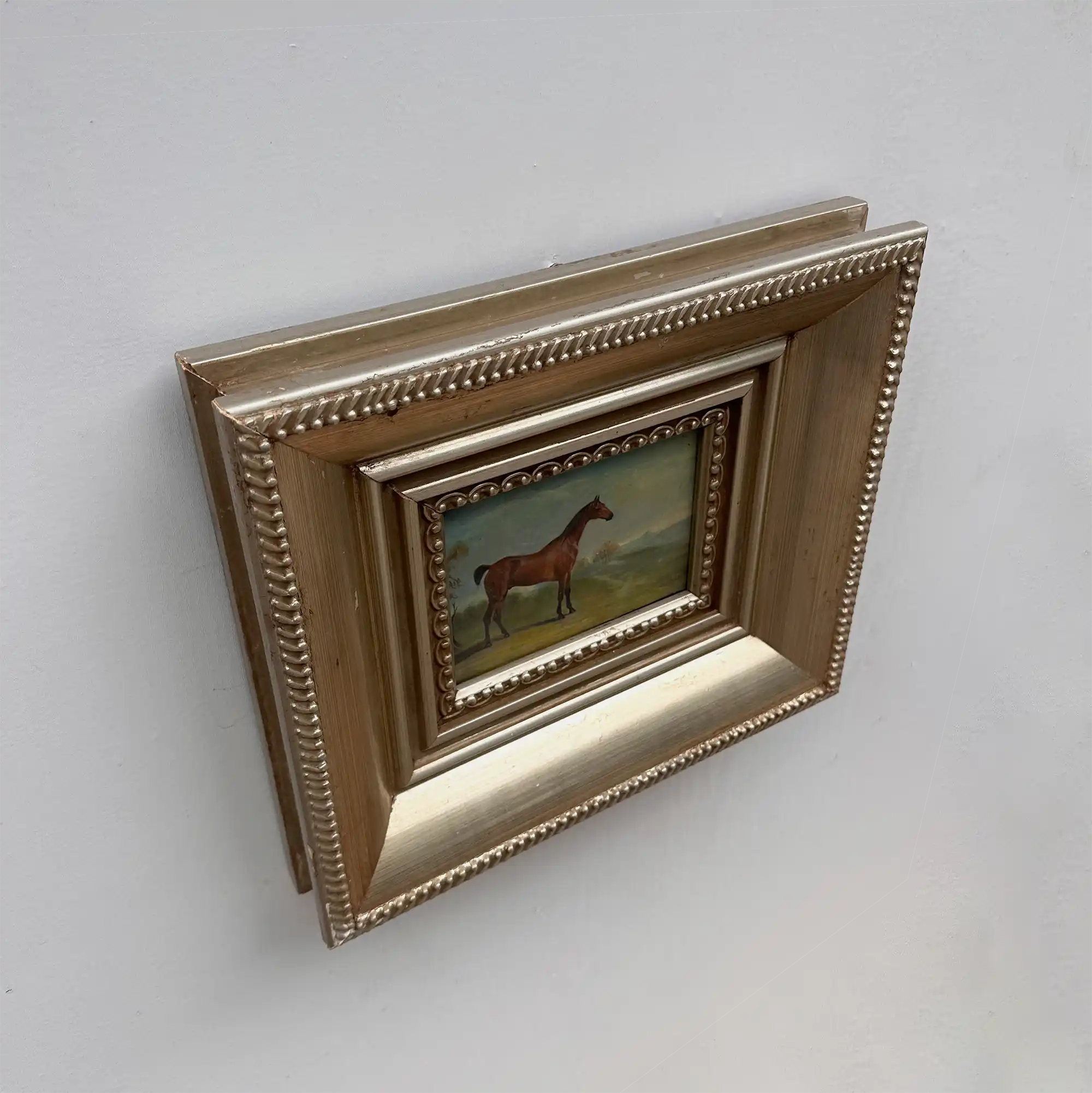 Vintage Miniature Horse Hand-Painted Oil Painting | Intricate Multi-Layer Carved Frame | One of a Kind - Vintage Oil Painting - Arden Gallery