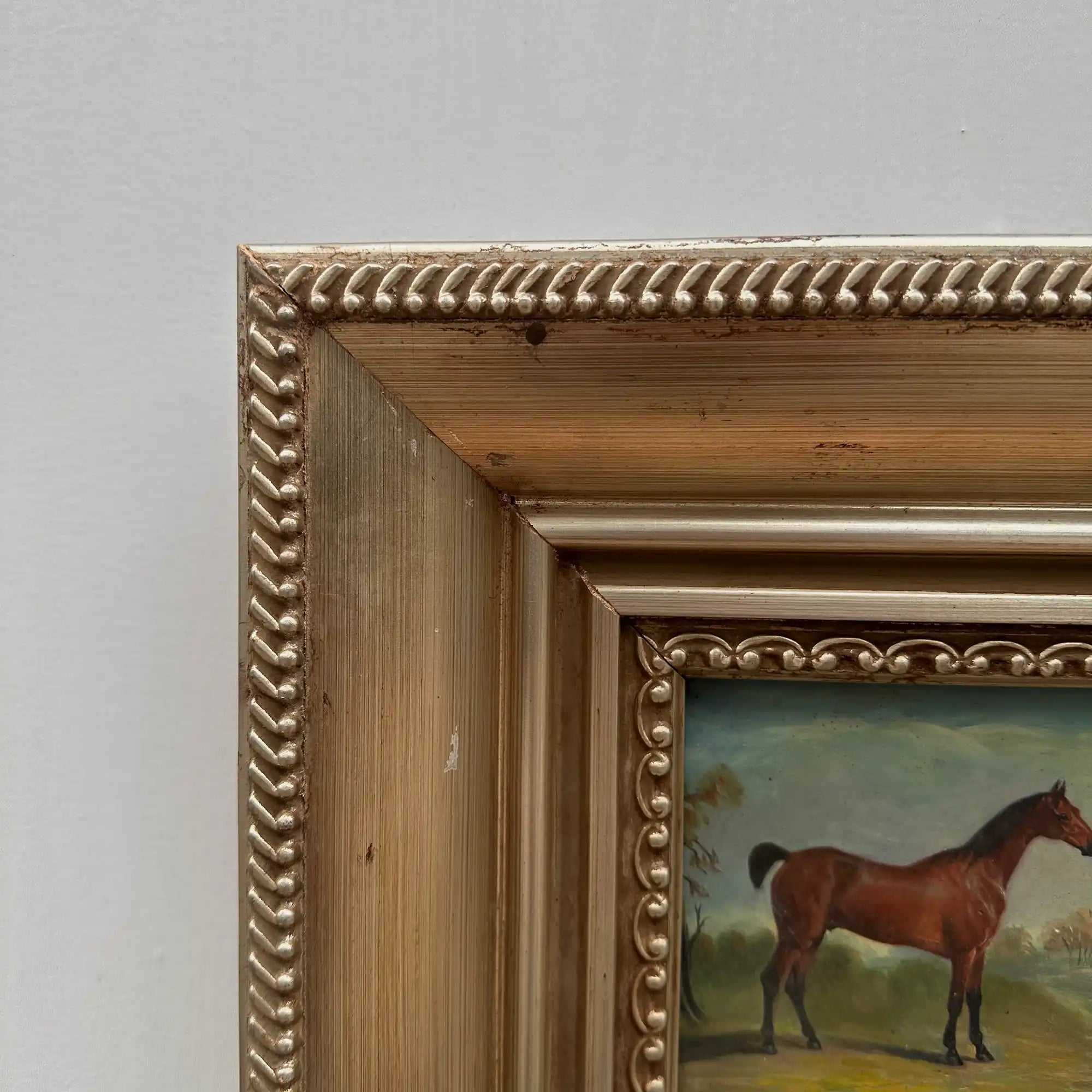 Vintage Miniature Horse Hand-Painted Oil Painting | Intricate Multi-Layer Carved Frame | One of a Kind - Vintage Oil Painting - Arden Gallery