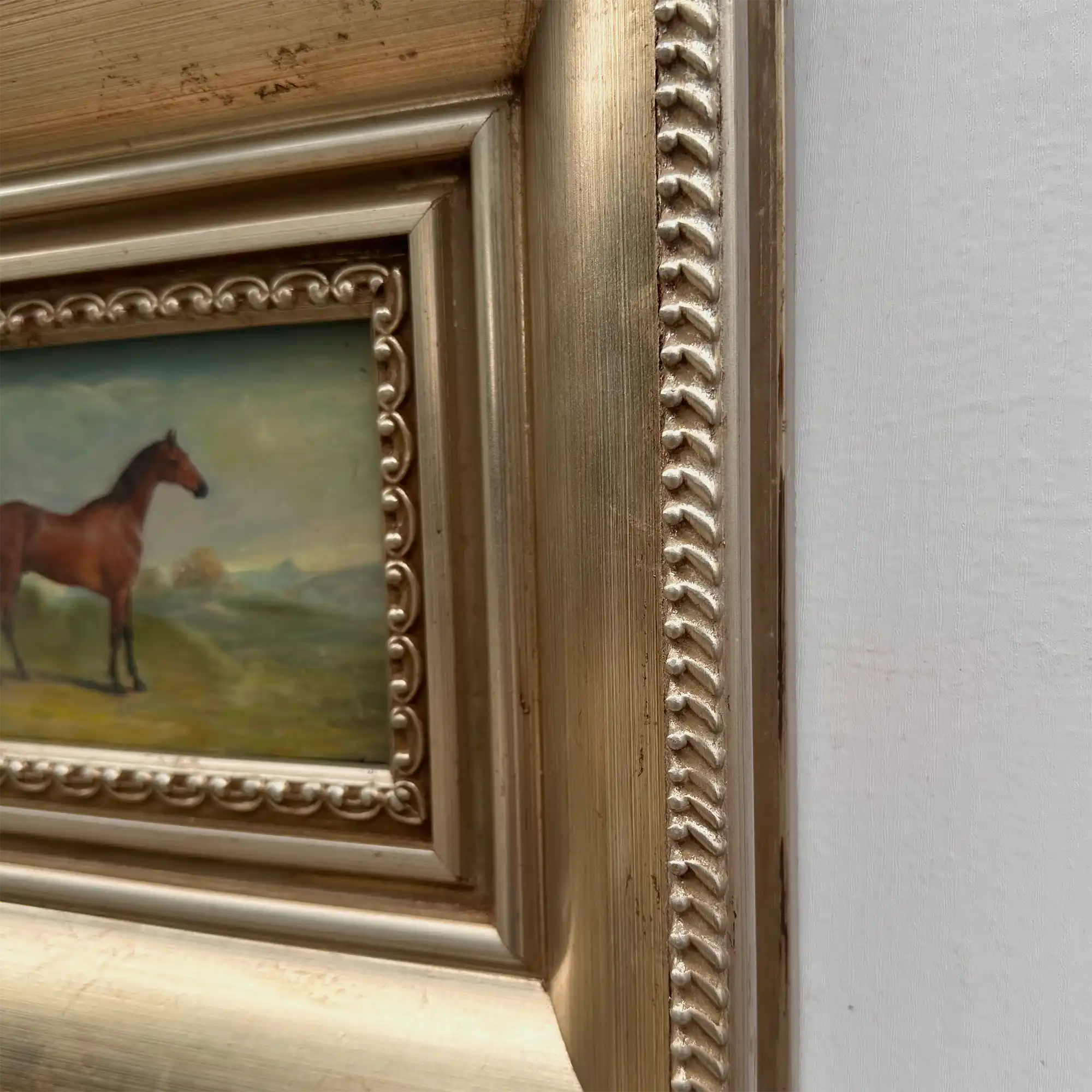 Vintage Miniature Horse Hand-Painted Oil Painting | Intricate Multi-Layer Carved Frame | One of a Kind - Vintage Oil Painting - Arden Gallery